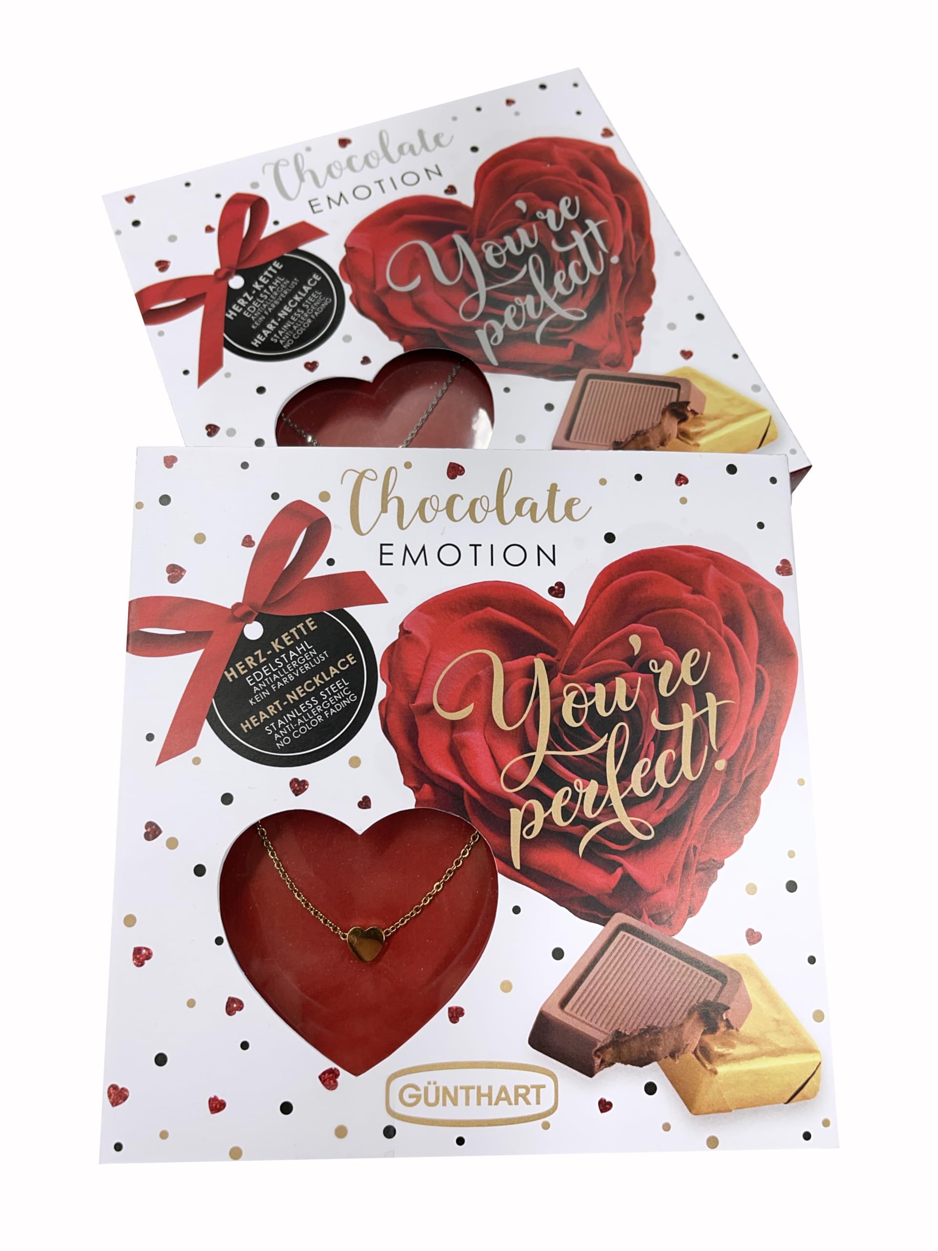 Günthart 12 Stück Pralinen Emotion Präsent "Youre perfect" mit Schokolade gefüllt und Herzkette, (1er Pack 600 gr)