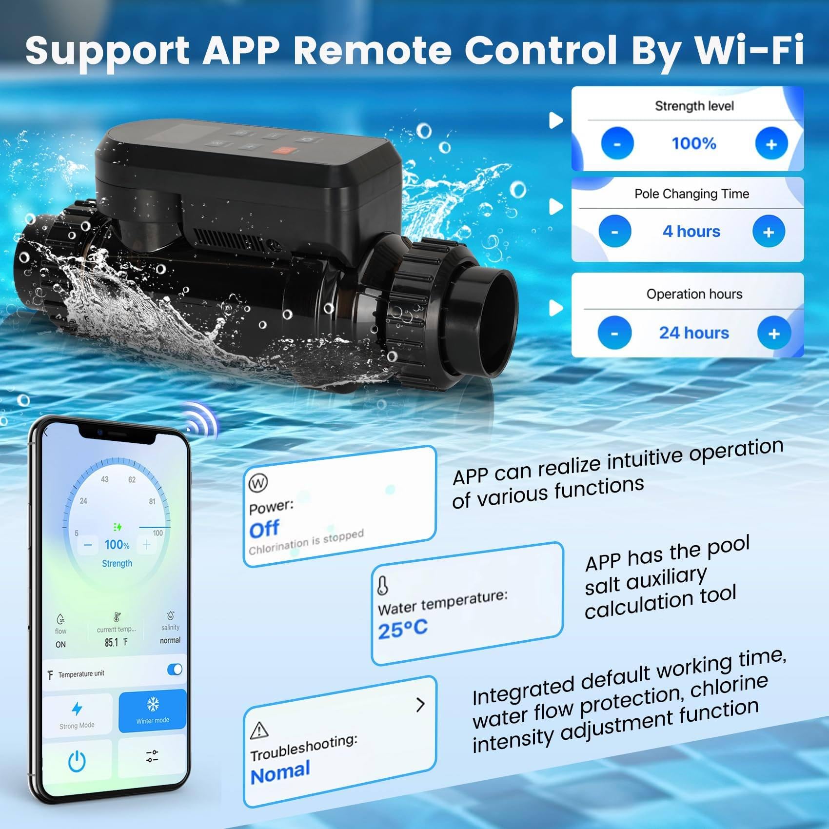 Generador de cloro salado para piscinas, sistema de cloración de agua salada con Wi-Fi y control de aplicación, panel digital inteligente, clorador de 25 g/h para agua limpia