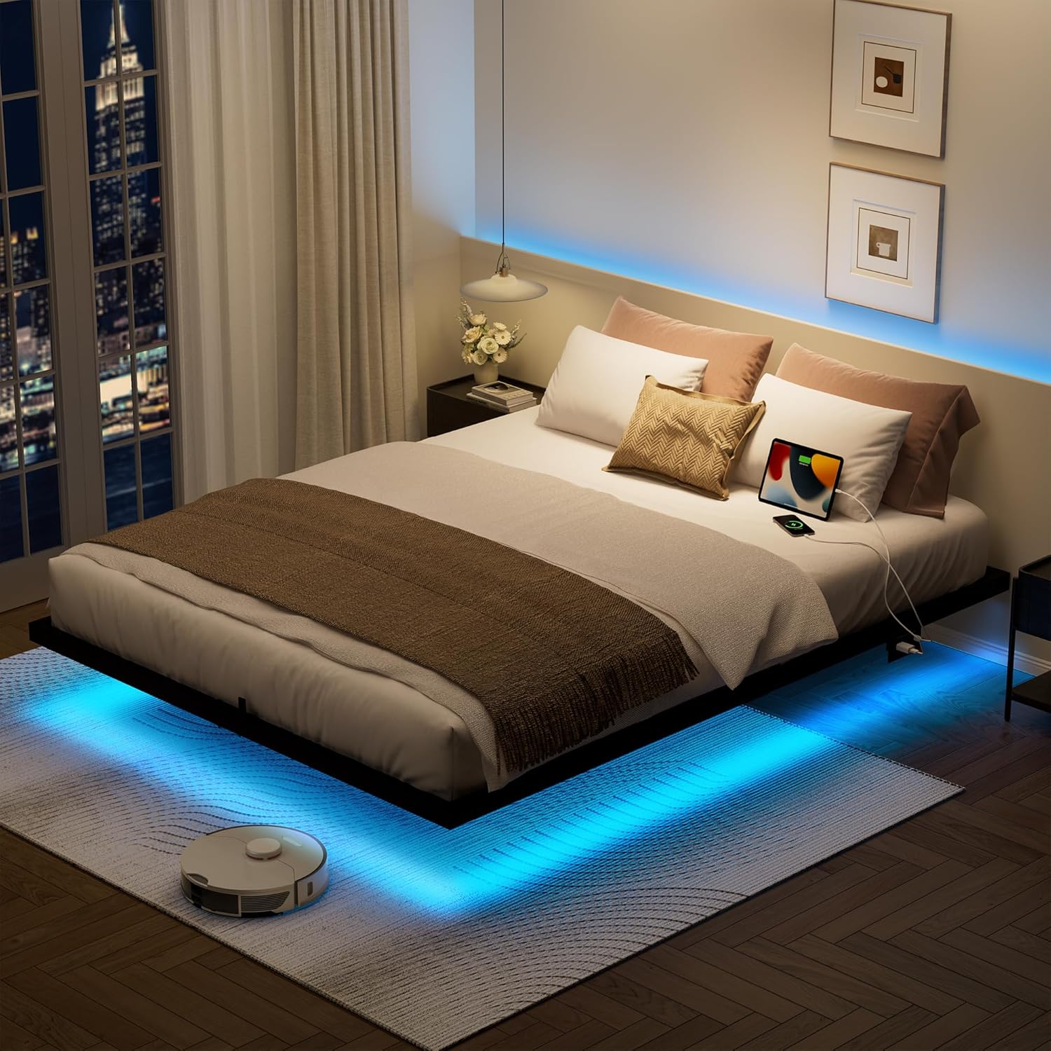 HAUSOURCE Floating Bed Frame Full Size with Charging Station and LED Lights 10in High Full Double Floating Bed Frame Metal Platform No Boxing Spring Needed Noise Free - Image 3