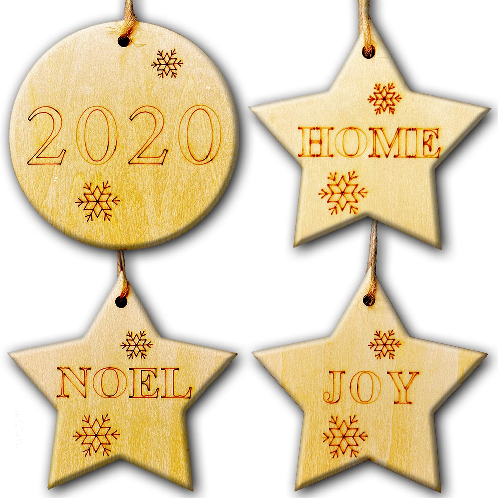 4 Pcs 2020-Christmas-Ornament Home Joy Noel Decorations Christmas Xmas Decor Handmade DIY Wood Tree Personalized Crafts for Indoor Outdoor Tree Decorations Star Wooden Pendant Creative