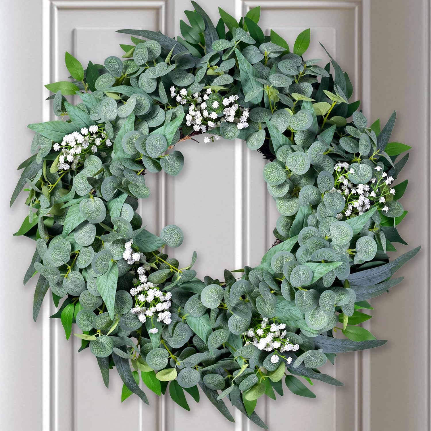 Eucalyptus Wreath for Front Door All Seasons, 20-22" Spring Summer Silk Greenery Wreath for Porch Wall, Artificial Farmhouse Home Decor for Indoor Outdoor