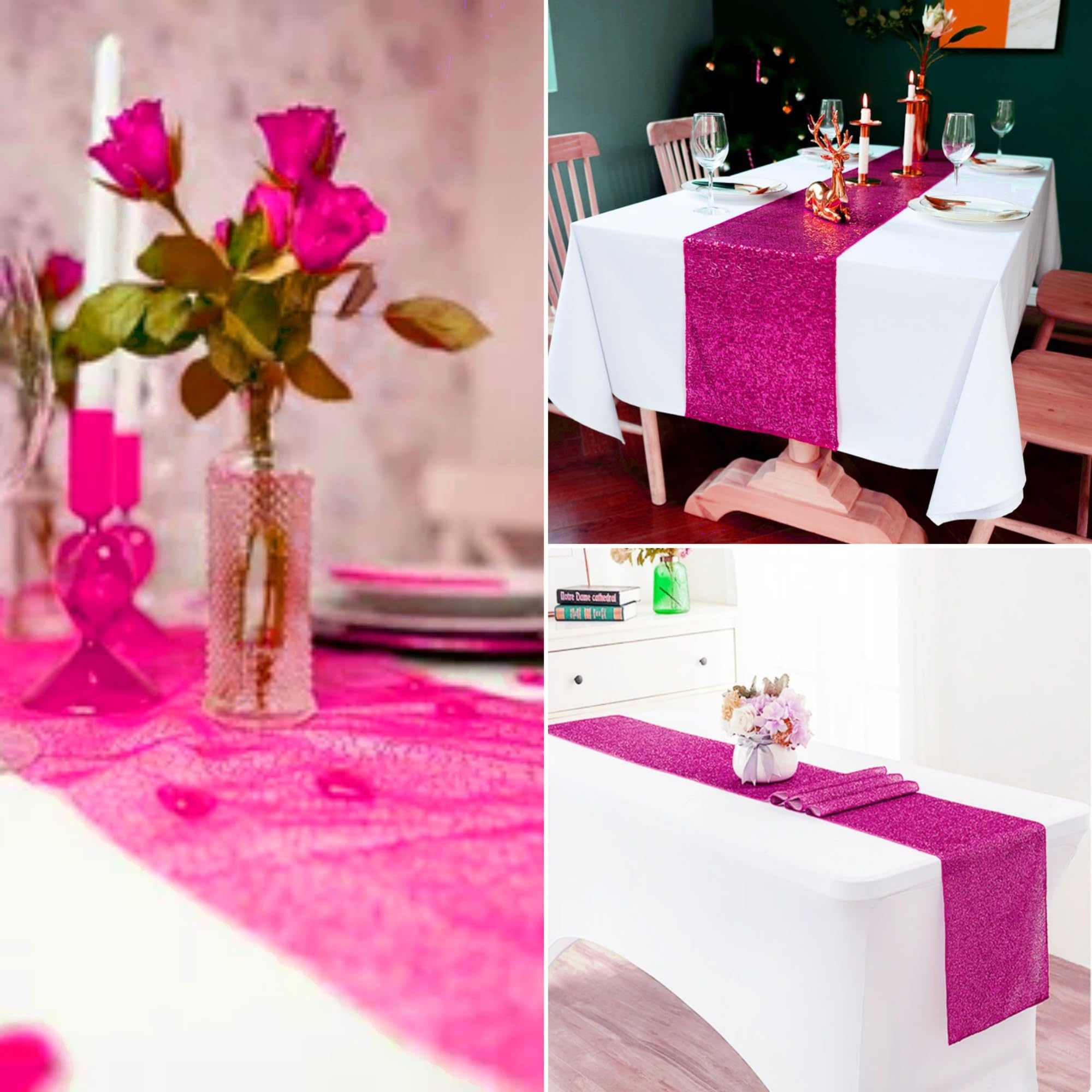 Confezione da 15 runner da tavola con paillettes, 30,5 x 274 cm, colore: rosa acceso, runner da tavola con paillettes metallizzate, glitter, per matrimoni, ricevimenti, feste di fidanzamento, feste di