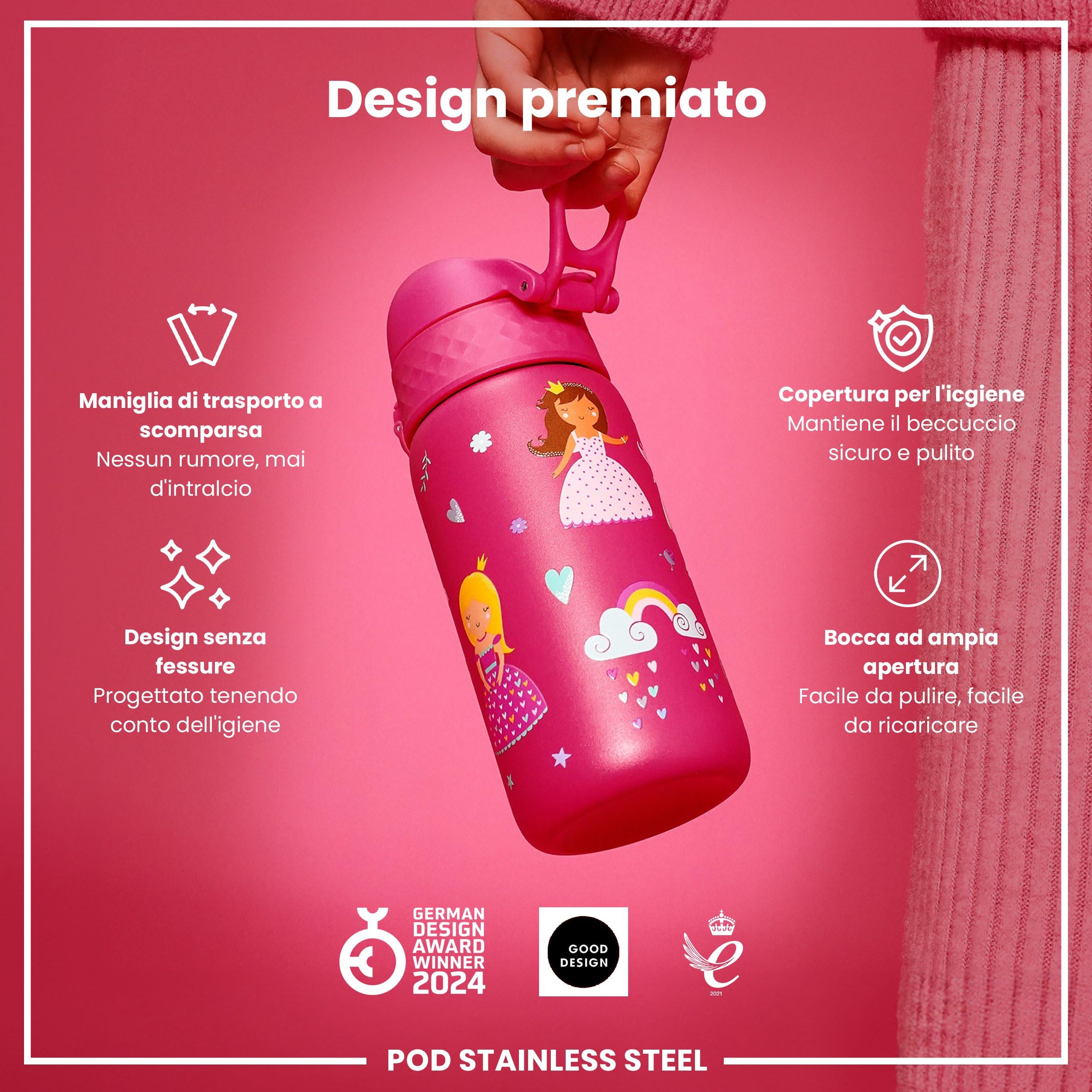 Ion8 Borraccia Inox Leggero per Bambini, 400ml, Non Isolato, a Prova di Perdite, Facile da Aprire, Serratura Sicura, Lavabile in Lavastoviglie, Facile Pulizia, Durevole e Antigraffio, Principessa