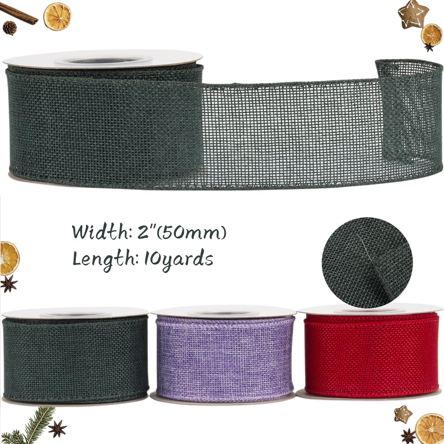 Tekdeere Burlap Ribbon 50mm x 9 Meters, Spruce Wired Ribbon for Crafts, Gift Wrapping, Wreaths, Bows, Tree Decoration and Outdoor Decoration - Image 2