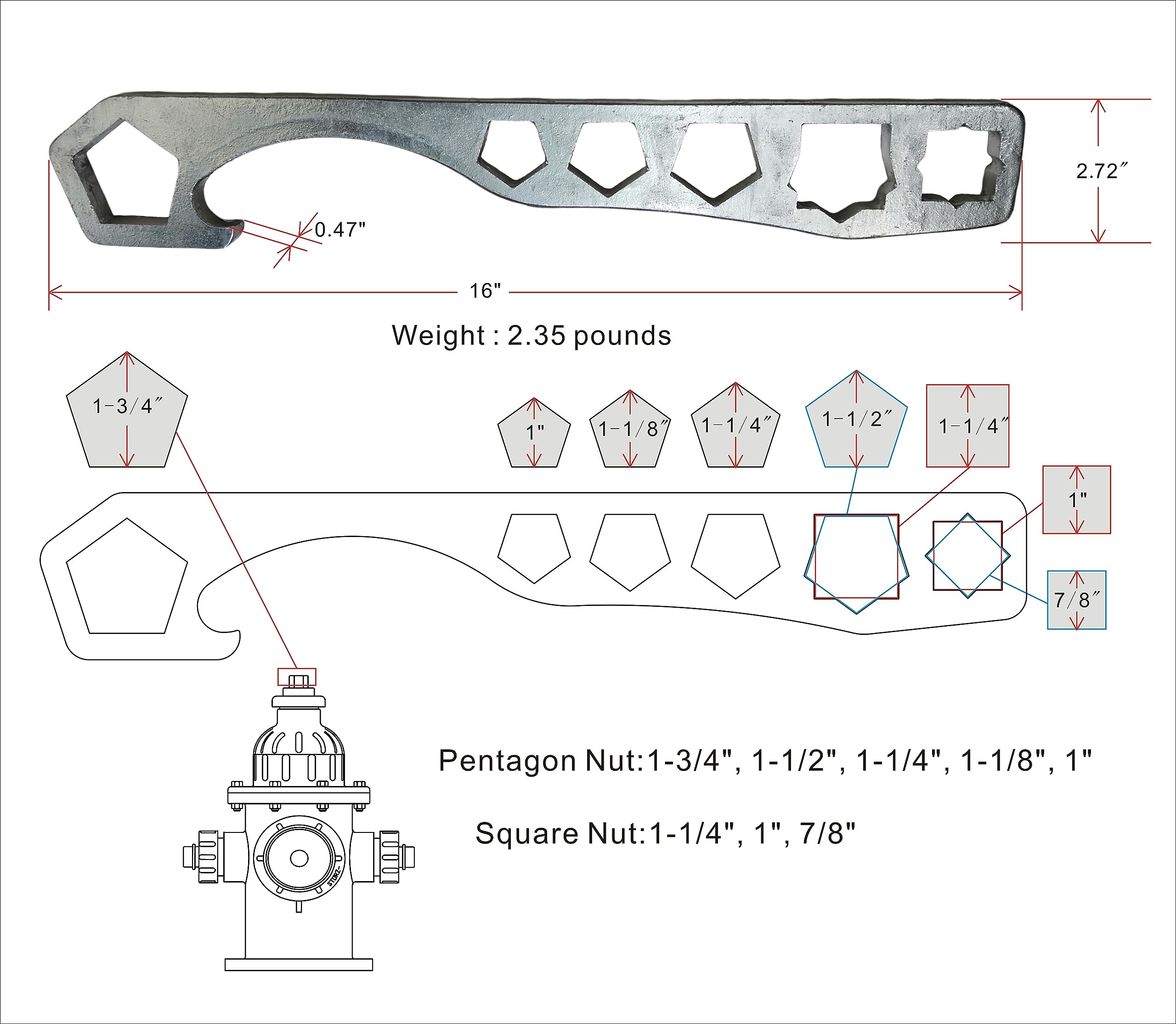 JXHONG Hydrant Wrench,Fit Common Sizes of Hydrant Nuts,Pentagon x 5 and  Square x 3,Not Cast,Precision Machining and Heat Treatment : Amazon.sg: DIY  ...