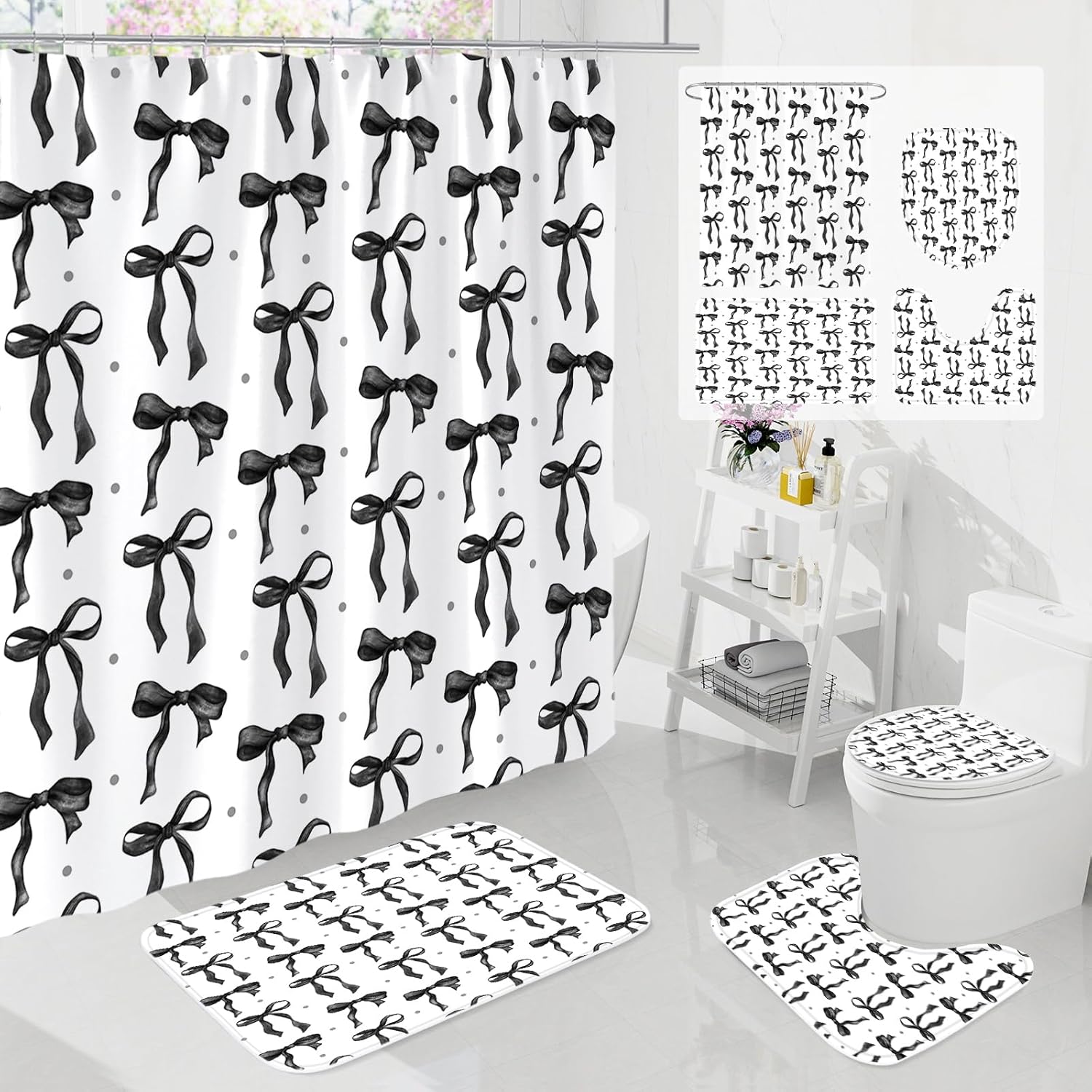 Litabel 4Pcs Cute Black Bow Shower Curtain Sets with Rug, Toilet Lid Cover and Bath Mat, Aesthetic Bowknot Shower Curtains for Black Bathroom Decor, Modern Minimalist White Waterproof Bathroom Set