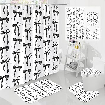 Litabel 4Pcs Cute Black Bow Shower Curtain Sets with Rug, Toilet Lid Cover and Bath Mat, Aesthetic Bowknot Shower Curtains for Black Bathroom Decor, Modern Minimalist White Waterproof Bathroom Set