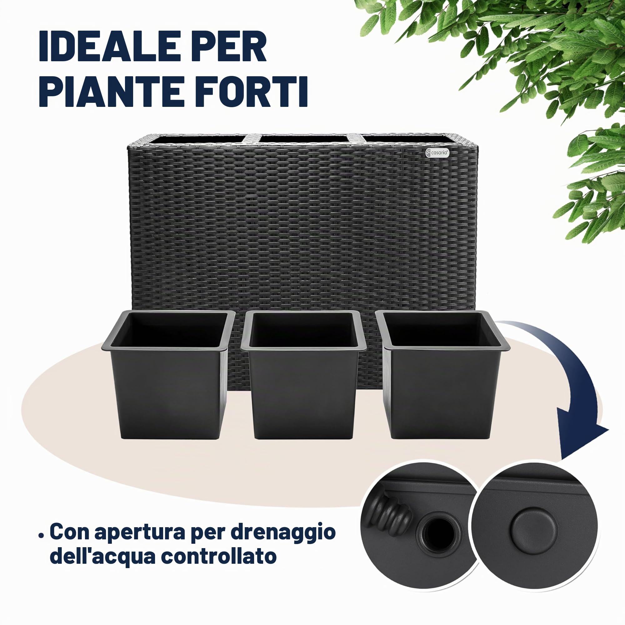 Casaria® Fioriera 3 Vasi 83 x 30,5 x 60 cm Polyrattan Portafiori Giardino Esterno Interno Drenaggio Acqua Arredo Giardinaggio