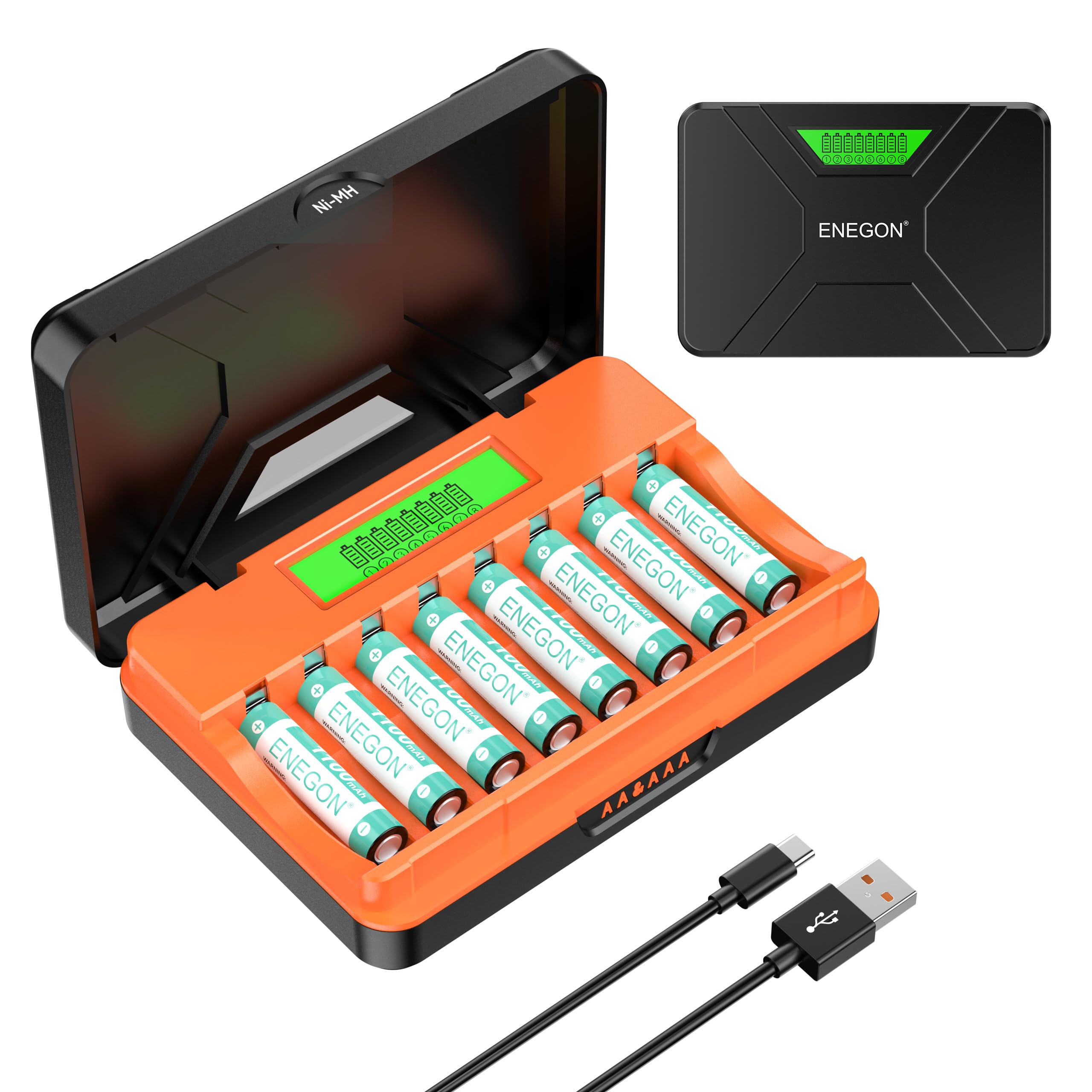 ENEGON Cargador Rápido 8 Ranuras para Pilas AA/AAA con Pantalla LCD + 8 Pilas AAA Ni-MH (1100mAh), Estación USB-C de Carga y Almacenaje – para Mandos a Distancia, Termómetros y Electrónica
