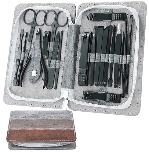 ESARORA Juego de manicura 20 en 1, kit de pedicura profesional de acero inoxidable, kit de cuidado de uñas con alicate, espejo y estuche de viaje de