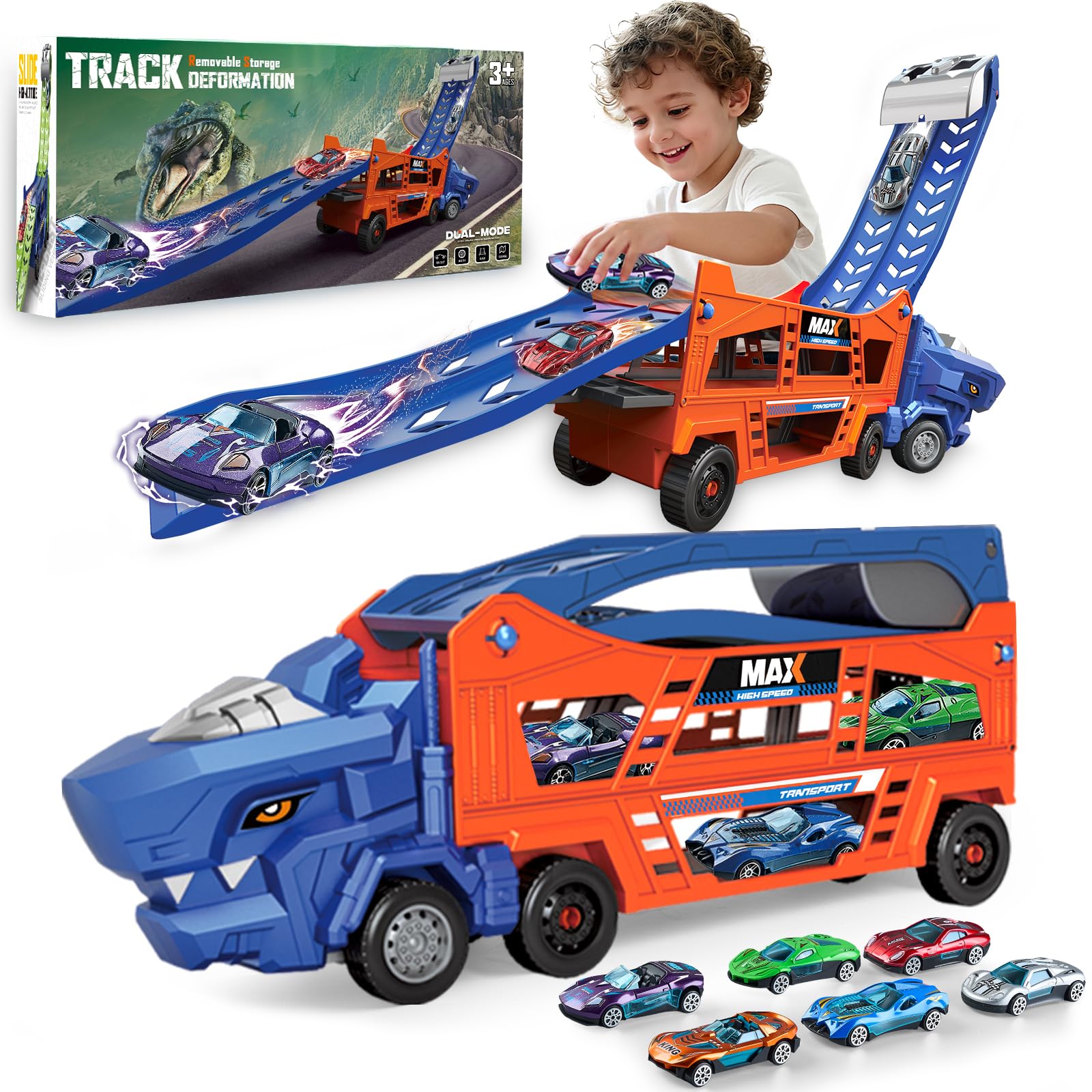 Dinosaur Truck Toys for Kids 3-5 - Transporter Carrier Truck with 6 Die-Cast Cars Toys, 3 in 1 Truck with 2 Foldable Race Tracks, Christmas Birthday Gifts Toys for 3 4 5 6 Years Old Boys(Blaze Red)