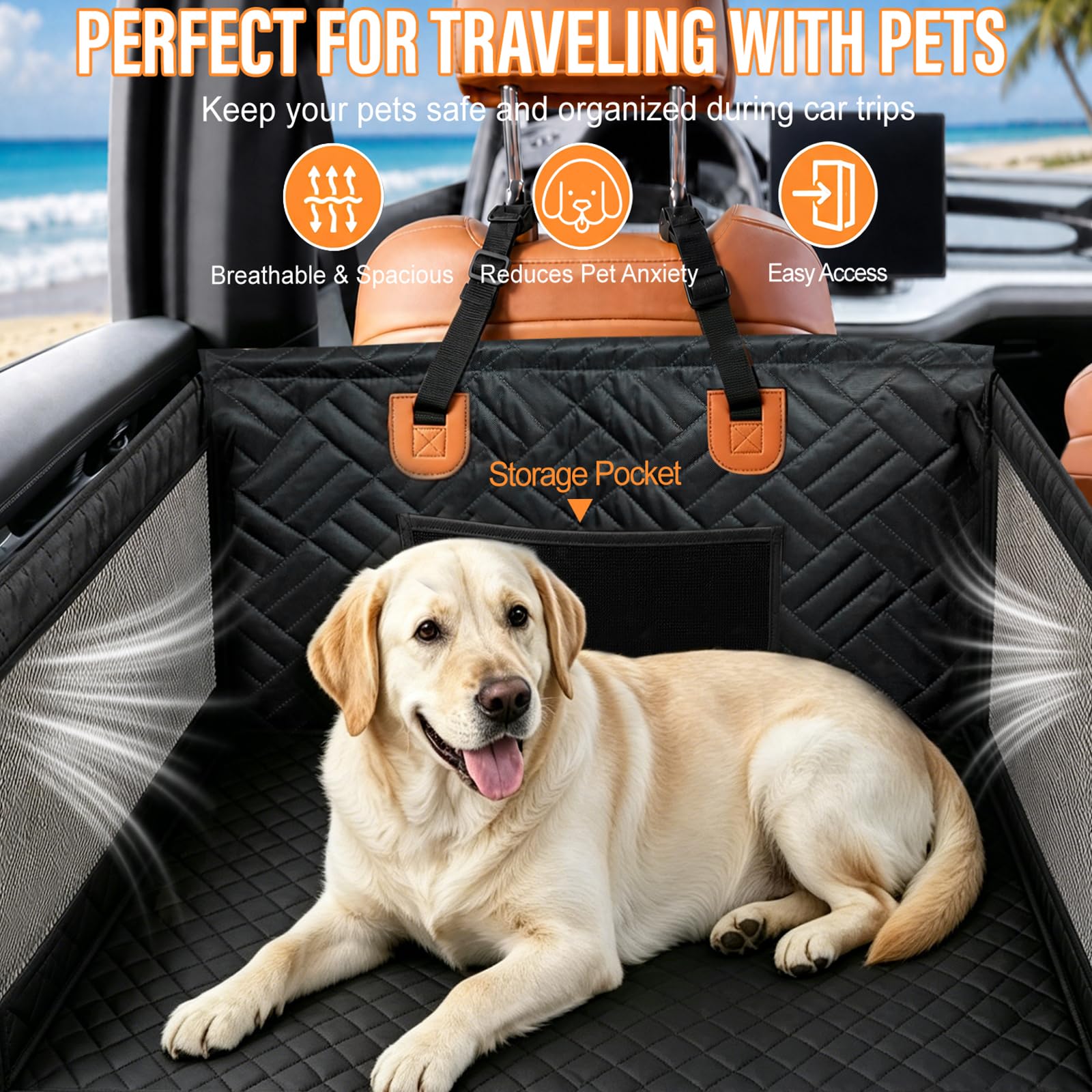 Hundesitz Auto für mittelgroße & große Hunde, wasserdichter Rücksitzverlängerer mit Hartboden, Sicherheitsleine & Mesh-Fenster, Tasche – für Auto SUV Truck, 72x56x50cm