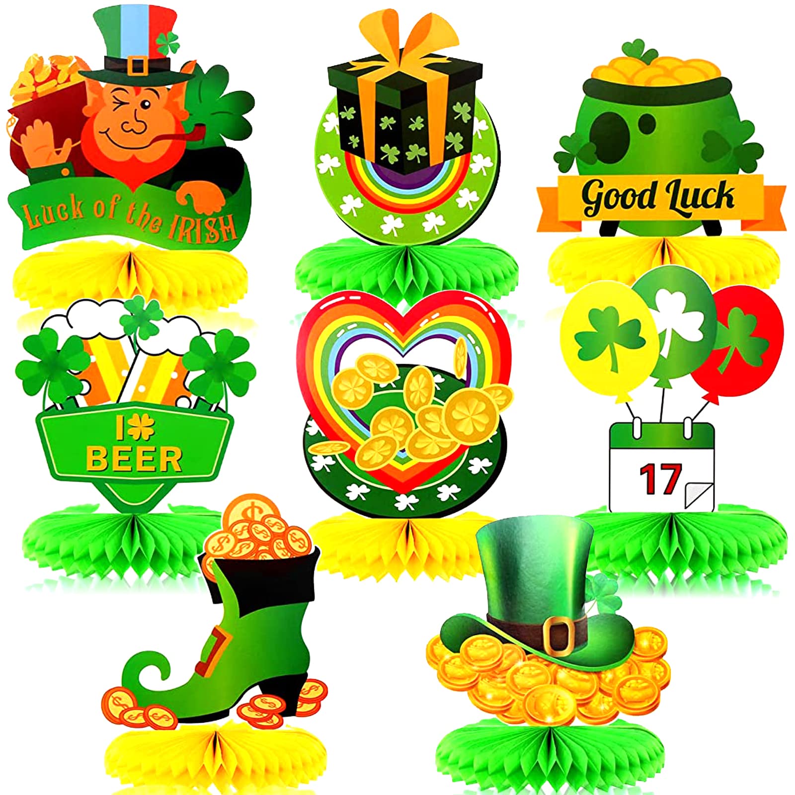Photo 1 of 8 Pieces St.Patrick's Day Table Decorations Honeycomb Centerpieces, 3D Leprechaun Centerpiece, Irish Decorations for Table Toppers St Patricks Party Decorations Supplies Theme Centerpiece St. Patrick's Day