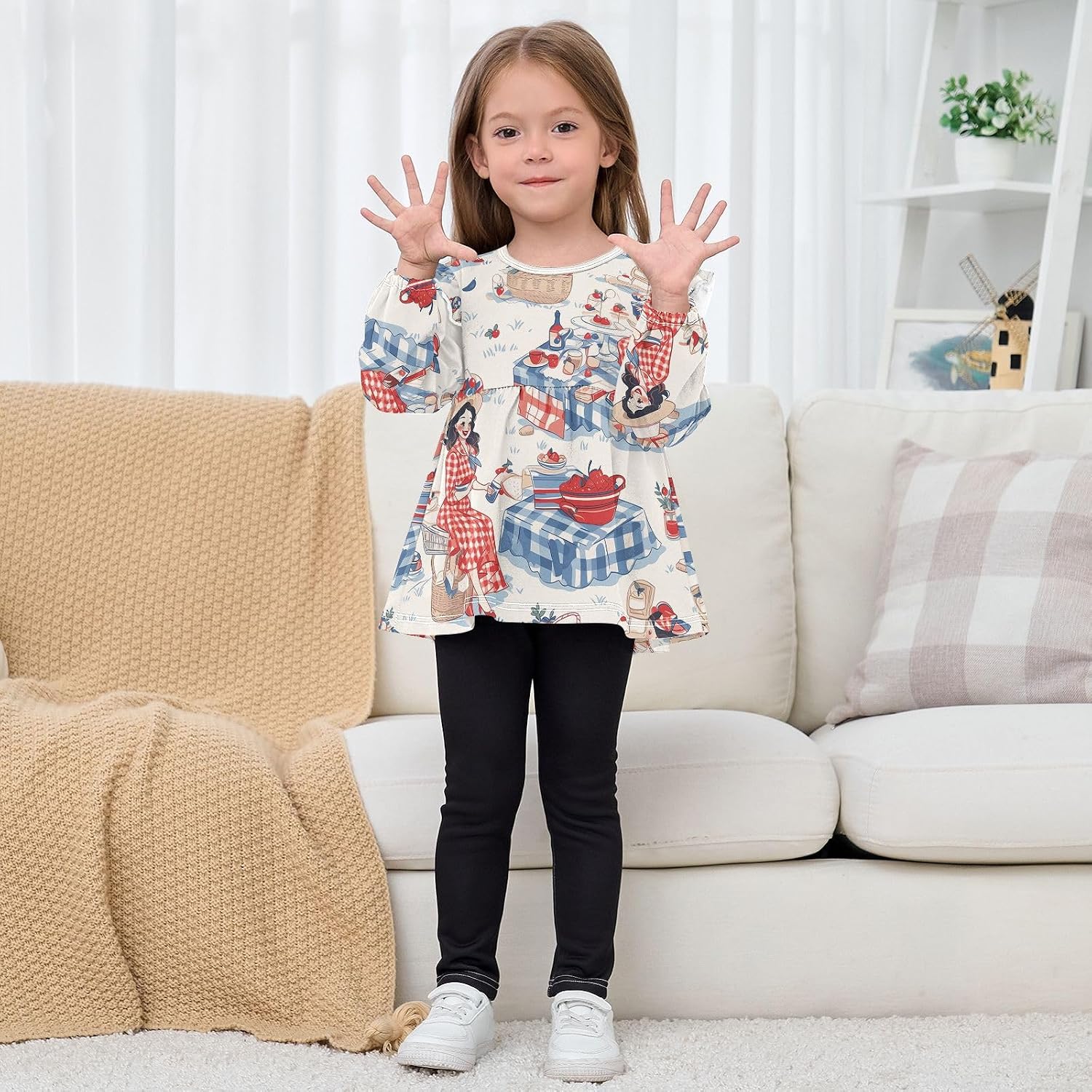 visesunny Toddler Clothes for Girls Sweetheart Picnic Style Long Sleeve Fall Shirts Cotton Top with Ruffle Collar