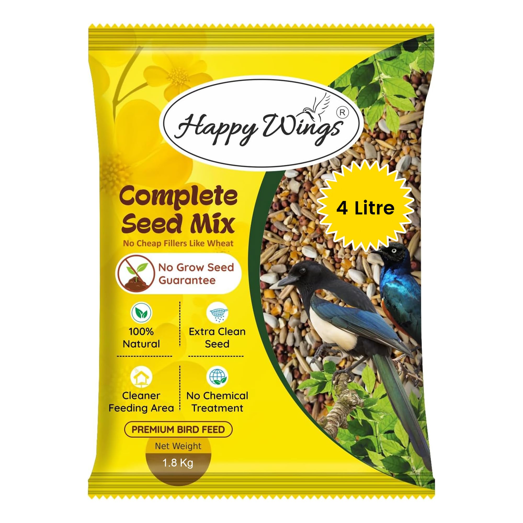 Happy Wings NO GROW Complete Seed Mix Bird Food for Wild Birds - Highly Nutritious Bird Feed - (1.8 Kg)