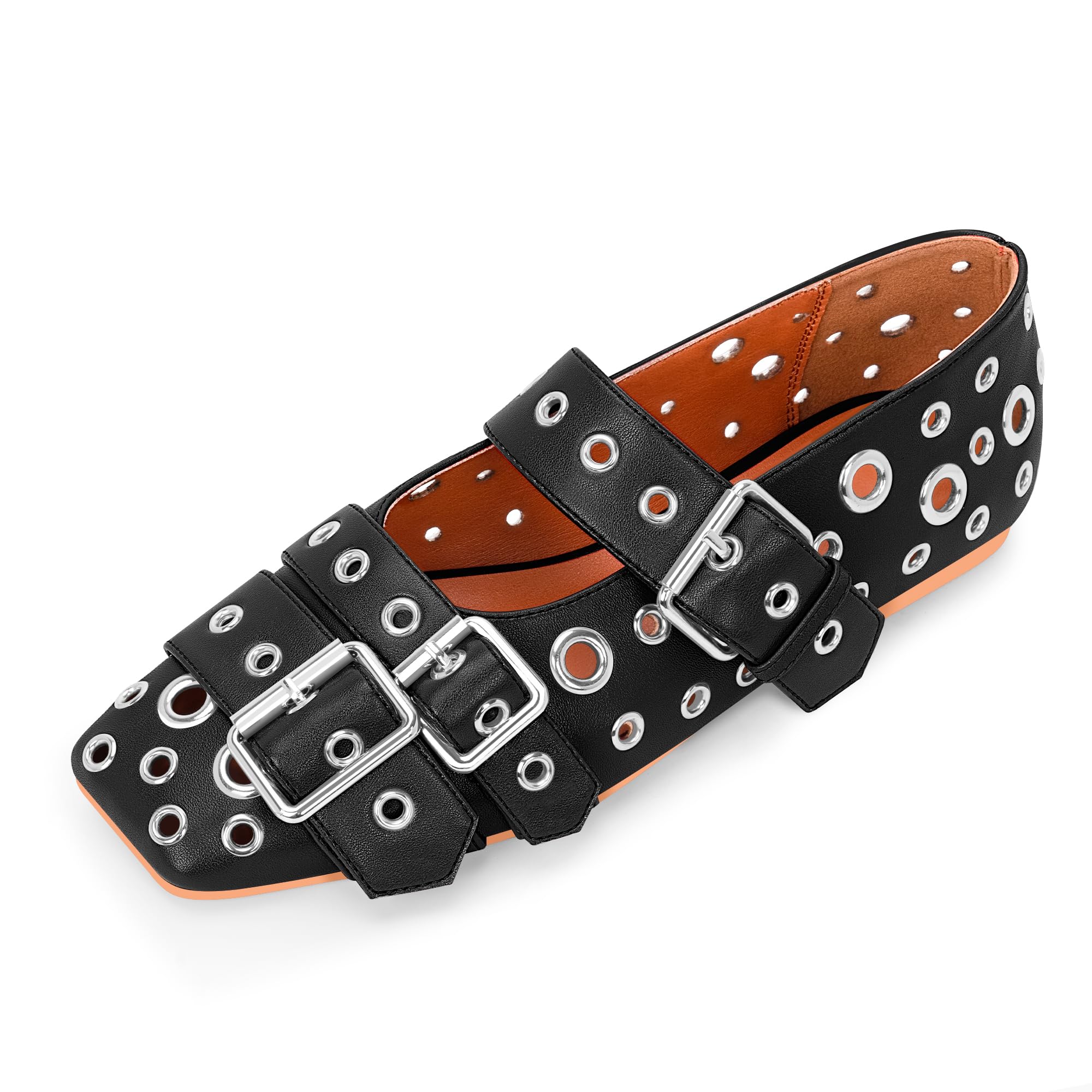 yowmns Women's Buckle Strap Ballet Flats Metal Grommet Studded Mary Jane Shoes