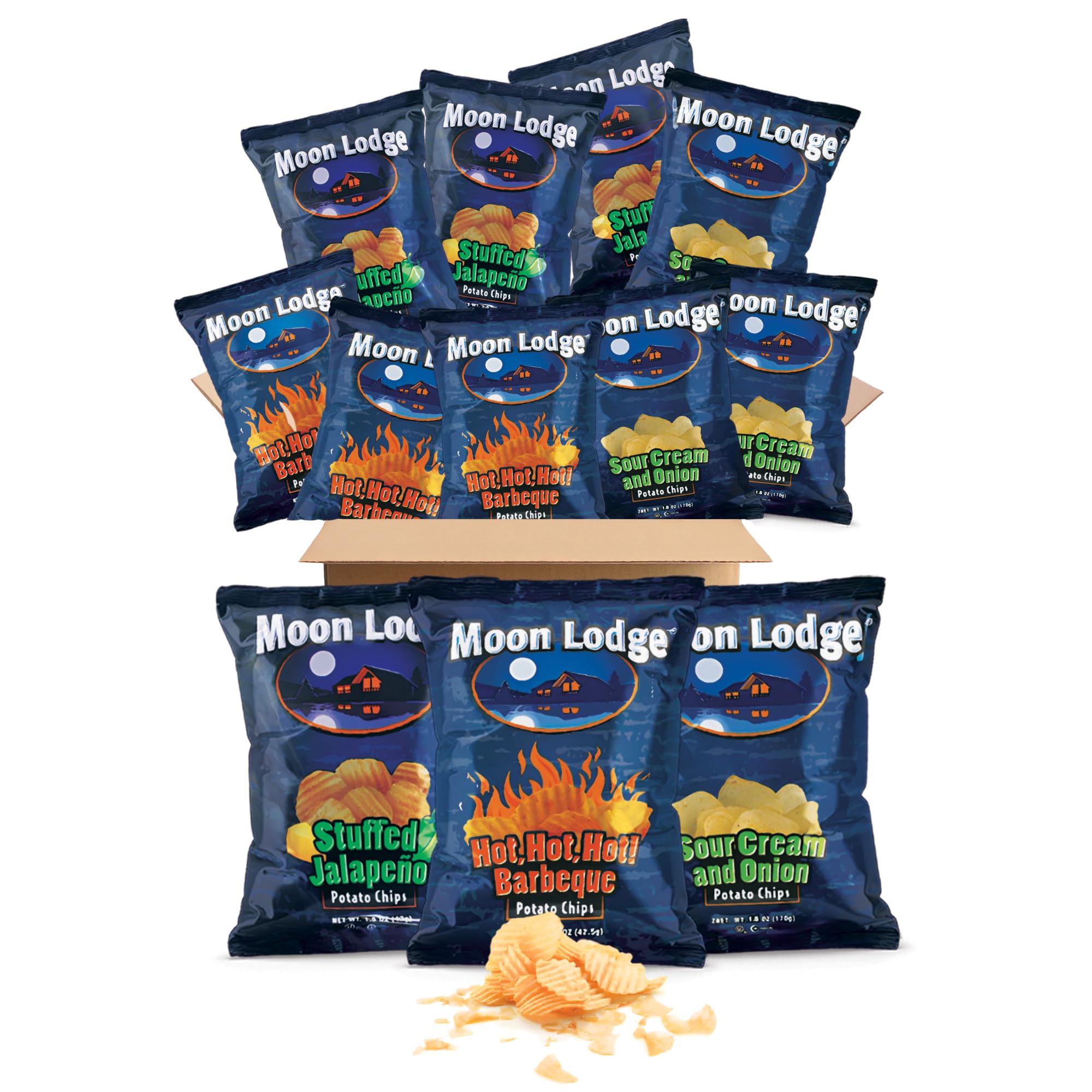 Moon Lodge Chips Variety Pack - 18 Bold Flavored Potato Chips - Hot Barbeque, Stuffed Jalapeño, Sour Cream & Onion - Kosher & Halal Snacks for All