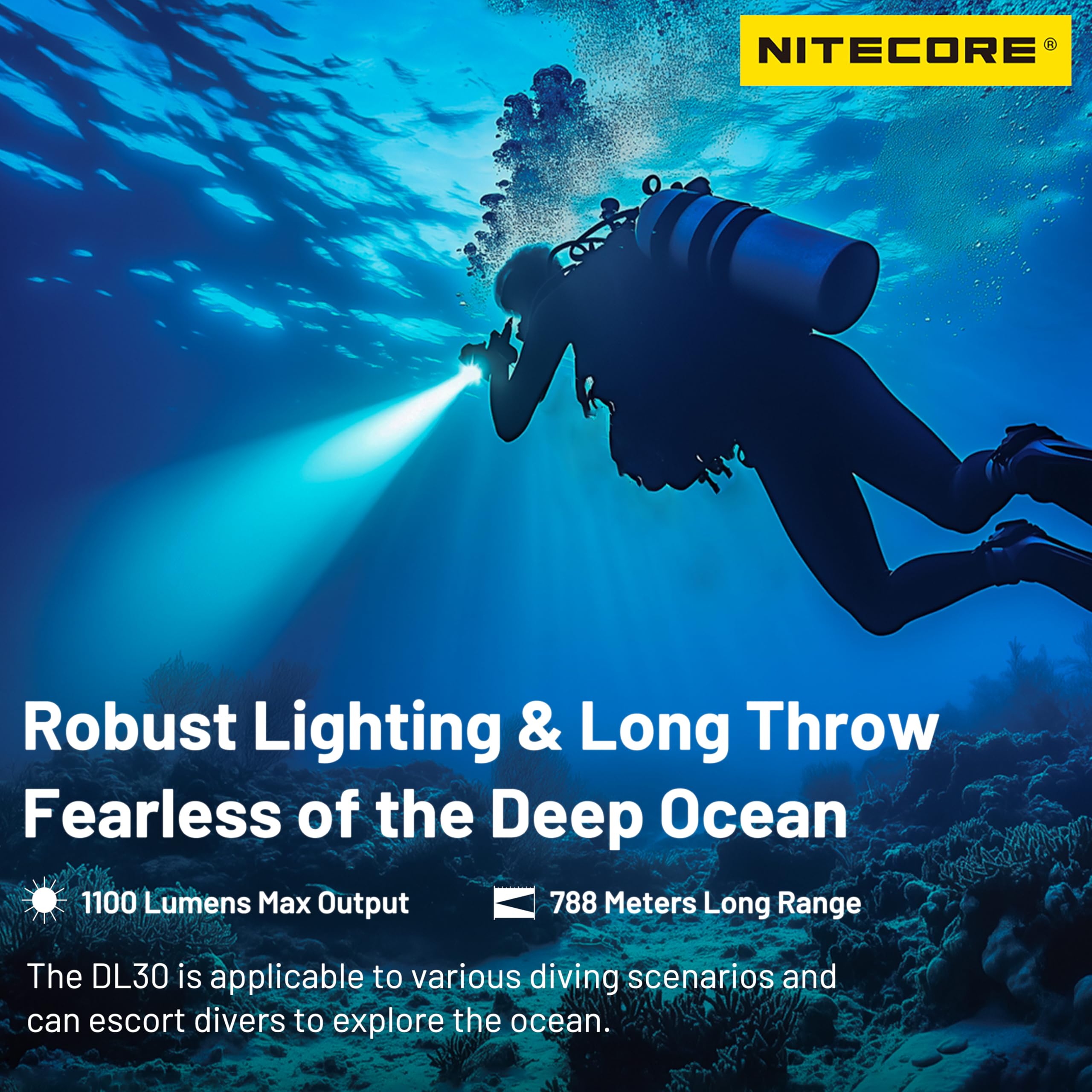 Nitecore DL30 Lampe de plongée submersible 100 mètres 1100 lumens 5300 mAh batterie IP68 étanche lampe de poche sous-marine