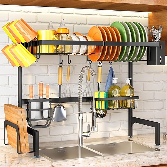 Over The Sink Dish Drying Rack, Adjustable (26.8" to 34.6") Large Dish Drainer Drying Rack for Kitchen Counter with Multiple Baskets Utensil Sponge Holder Sink Caddy, 2 Tier (Black)