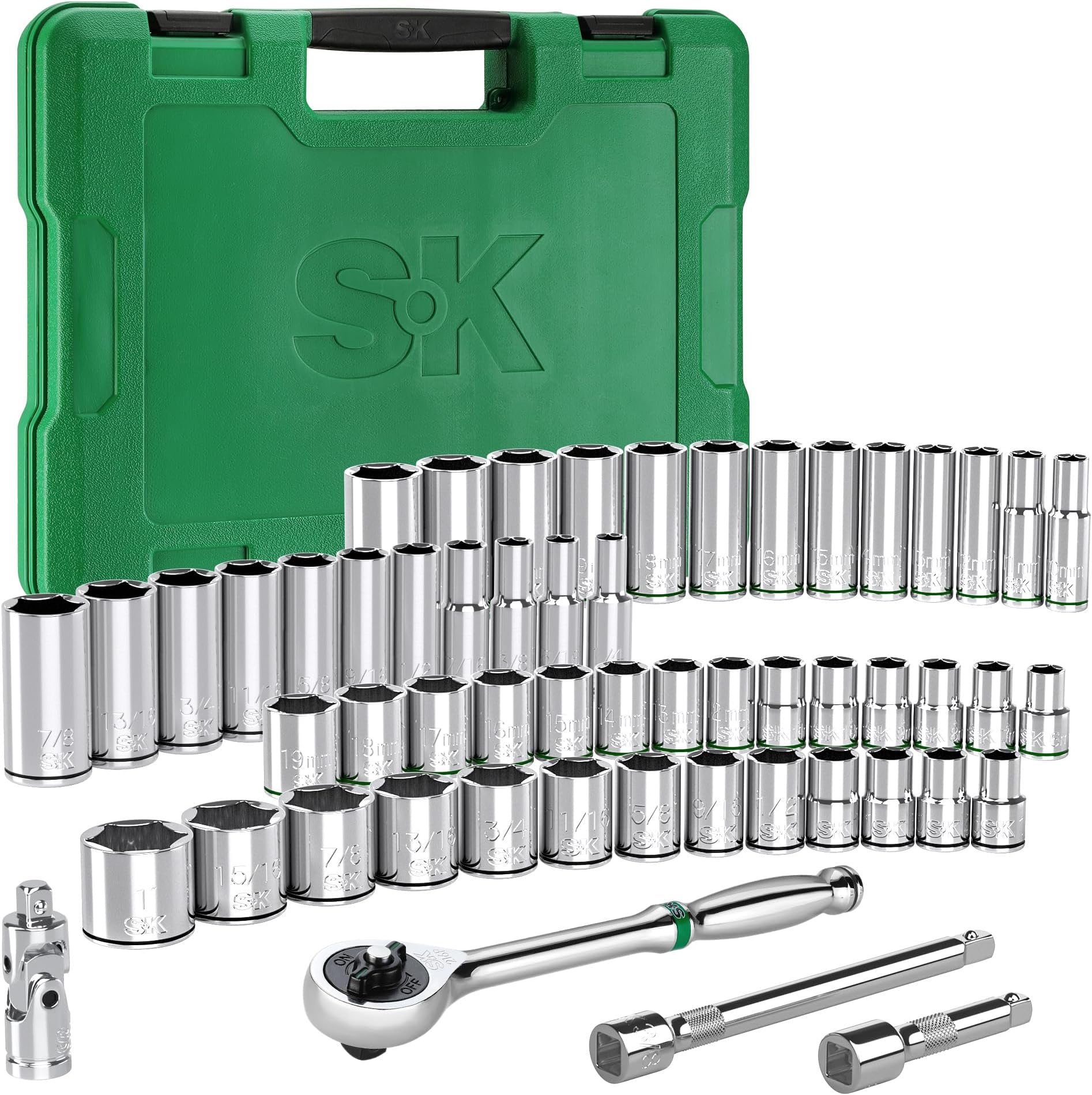 3/8" Drive Socket Set with 216-P Ratchet, 55-Piece, SAE & Metric, SuperKrome Finish, Premium CR-V Construction, with Storage Suitcase