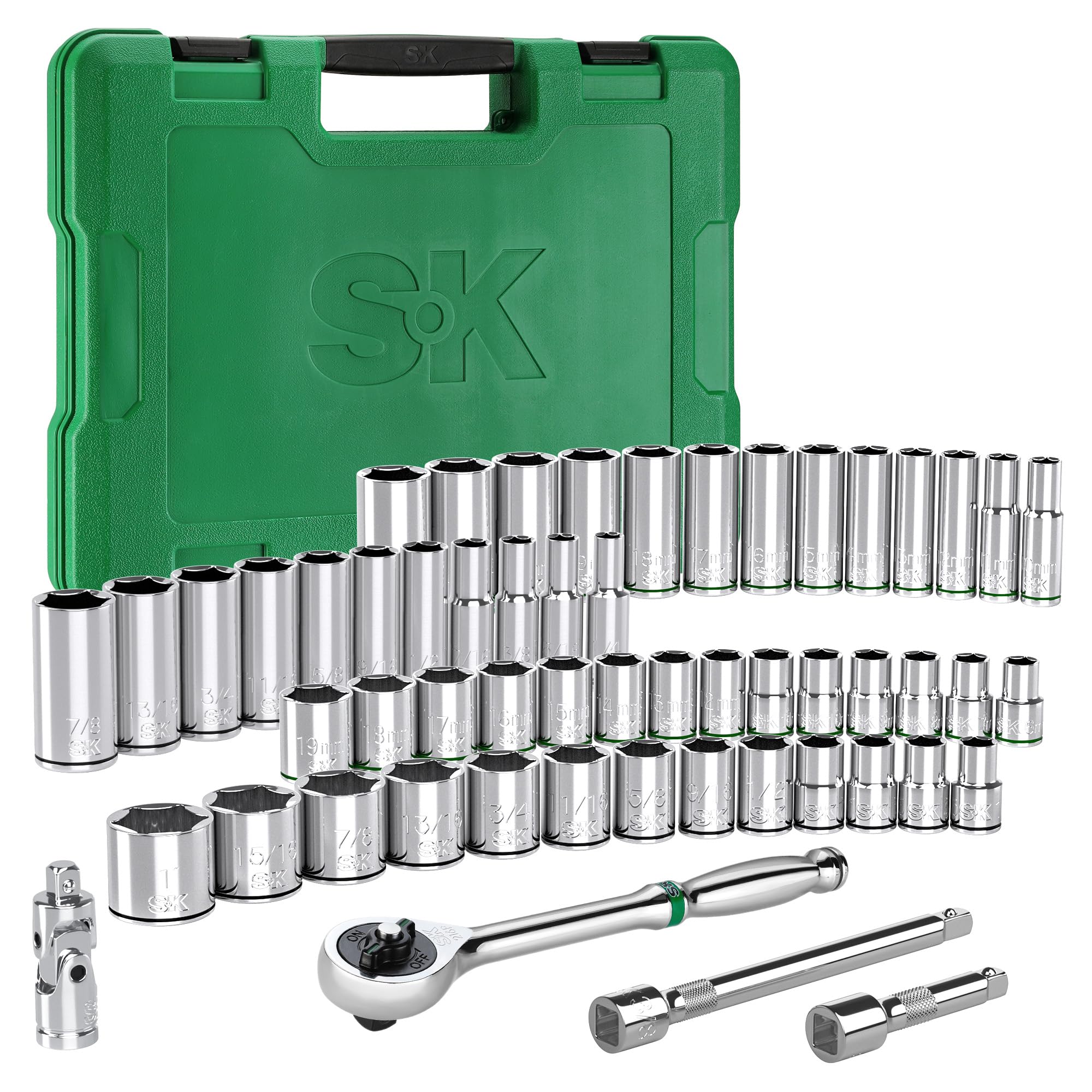 SK Zestaw nasadek napędowych 3/20.3 cm z grzechotką 160-P, 55-częściowy, SAE i metryczny, wykończenie SuperKrome, Preminum CR-V, z walizką do przechowywania