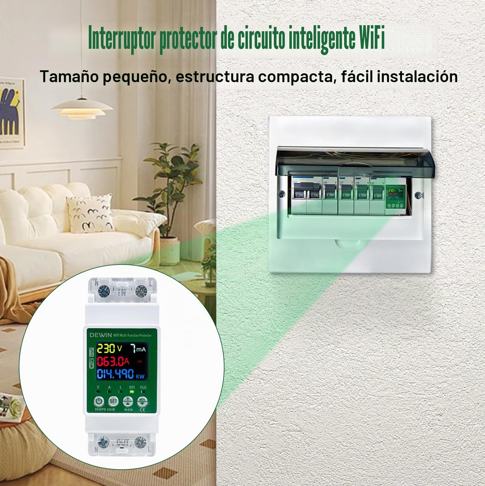 WiFi Medidor de Consumo Electrico Monofásico, Contador Electrico Digital 230V CA 63A Medidor de Energía con Control Remoto Tuya APP y Protección contra Sobretensión/Subtensión/Sobrecorriente