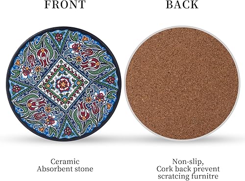 Miniatura 4 de Posavasos absorbentes de cerámica con parte trasera de corcho, patrón de mandala turco, juego de 6 posavasos redondos antideslizantes para mesa de