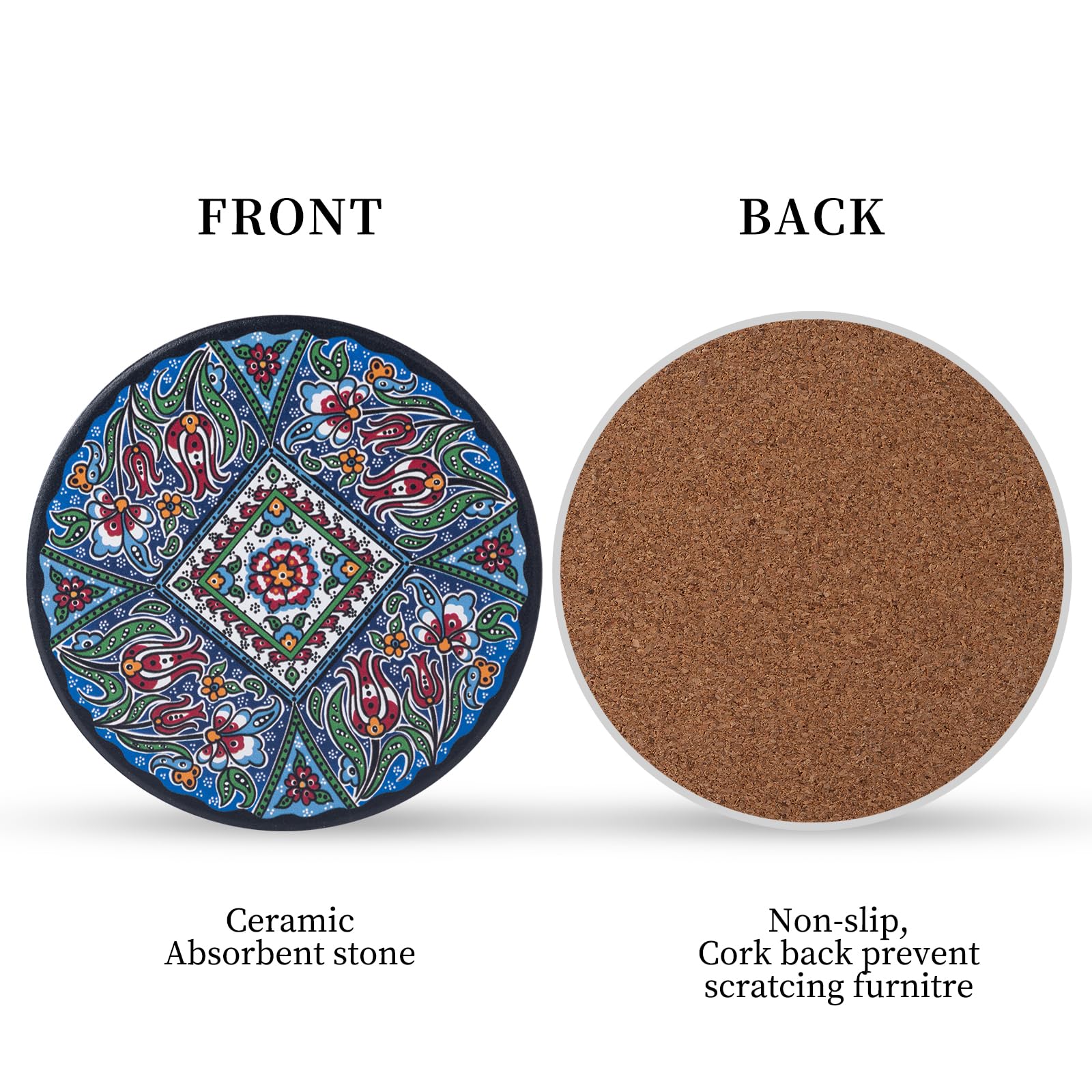 STARUBY Drink Coasters Set of 6 Ceramic Coaster Beautiful Absorbent Coaster Drink Mat with Cork Base 6 Turkey Patterns Round Coaster Non Slip for Coffee,Beer,Mug,Wine Glass Bottle,Home and Bar - Image 4