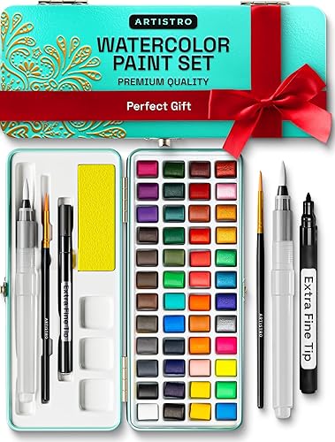 ARTISTRO Watercolor Paint Set - Portable Paint Kit - Perfect for Gifting to Adults, Teens, Tweens, & Kids - 48 colors Portable Travel Mint