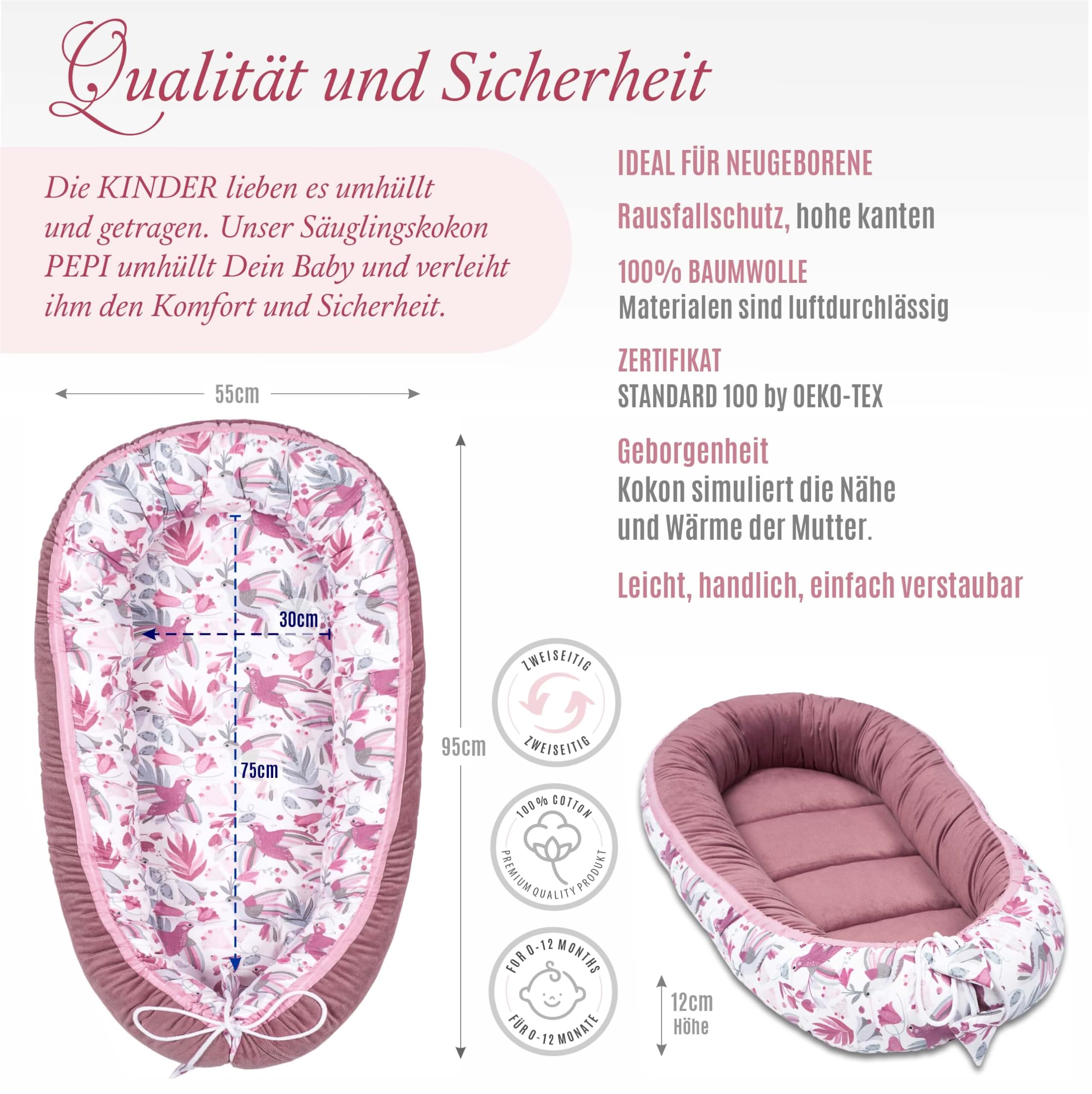 Pepi - Babynestchen Set Babynest 2in1 - Kegel aus 100% Baumwolle und Samt- Schlafsack Baby Abdeckhaube - Pucksack Baby Pucktuch - Pucktuch Baby - cottone&Velvet (Hummingbird Old rosa)
