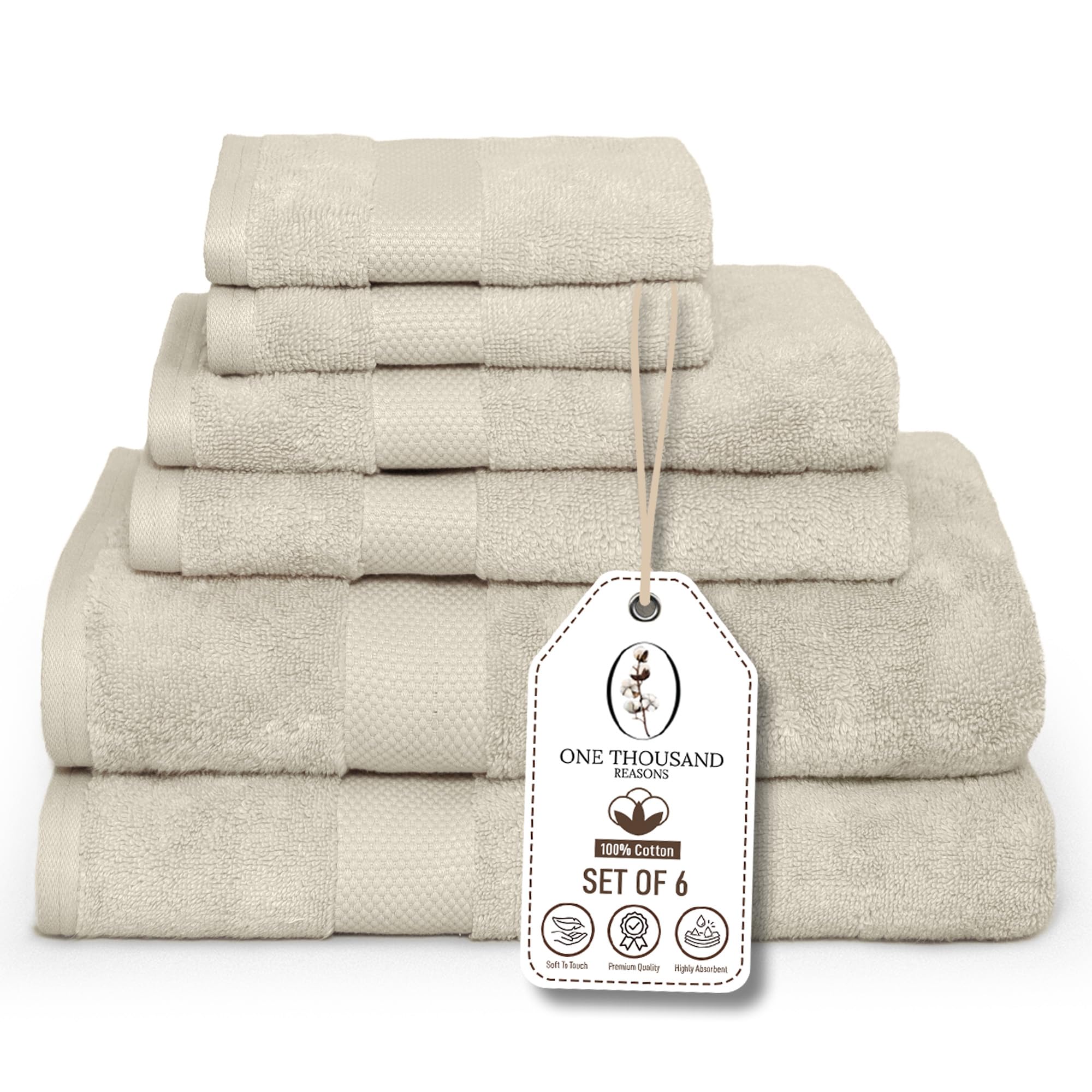 Premium Staple Cotton Bathroom Towel Set - Beige 600 GSM 6-Piece Luxury Bath Towel Set 1 Stripe -