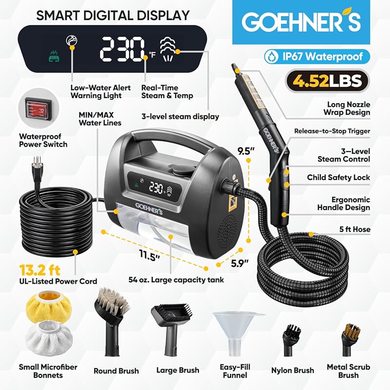 2026 Upgraded Handheld Steam Cleaner, 230°F/3.5 Bar High-Pressure Portable Hand Held Steamer for Home & Car, 30s Heat-Up, Chemical-Free Deep Cleaning for Kitchen, Bathroom, Grout & Car Detailing-Black