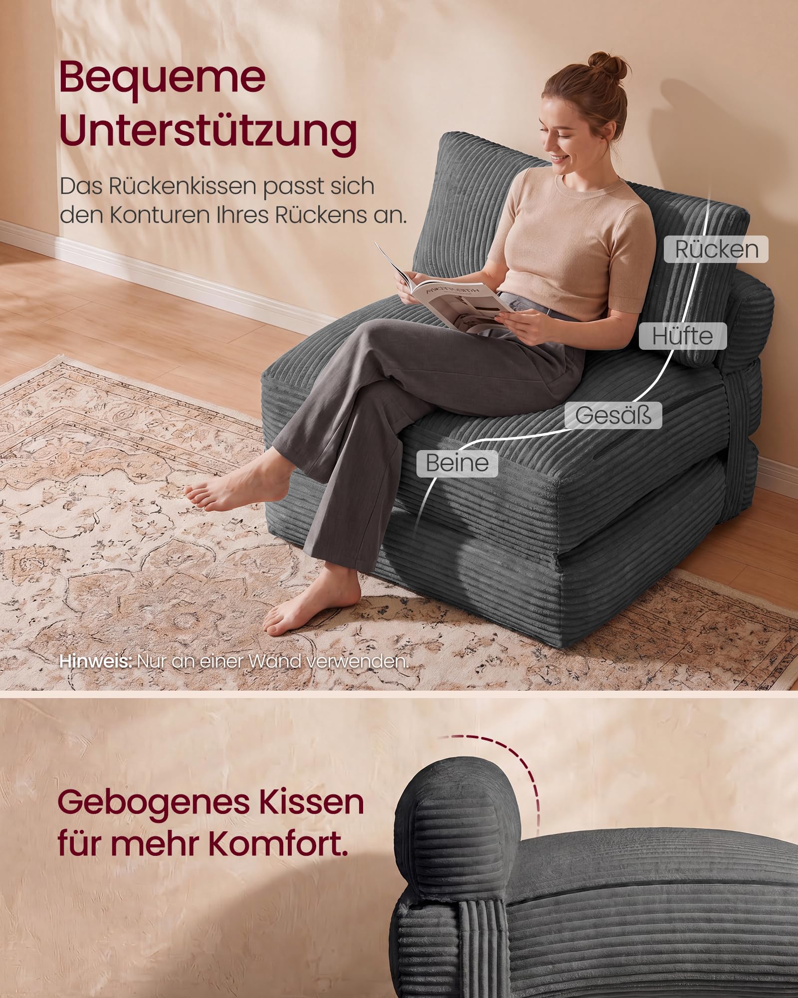 VASAGLE Schlafsessel aus Cord und Schaumstoff, Faltbares Sofabett mit Kissen, 89 x 89 x 78 cm / 89 x 195 x 43 cm, Bleigrau, für Gästezimmer, Camila Kollektion LCS211G101