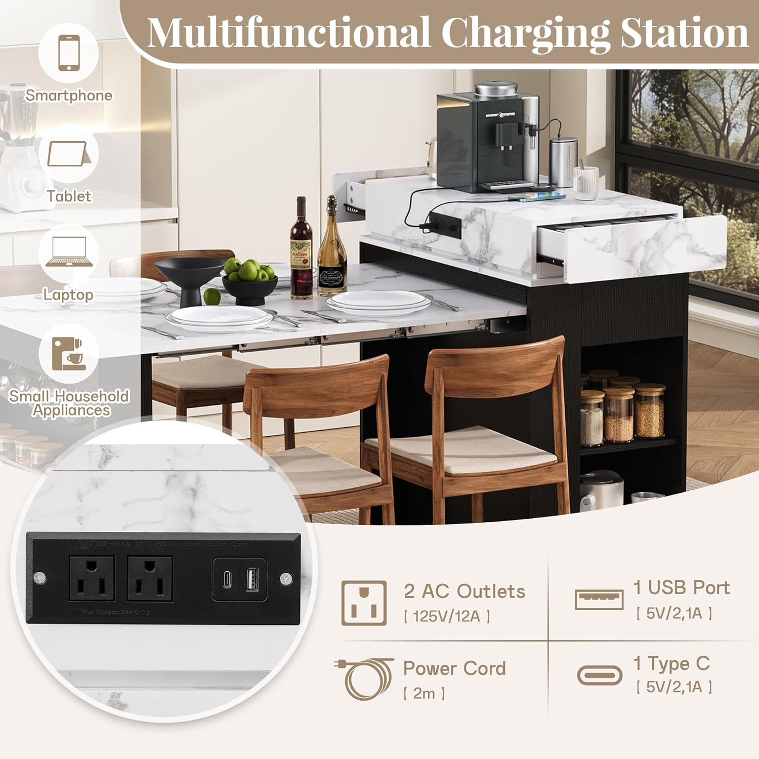 Extendable Dining Table with Folding Top, Kitchen Island with Drawers, Power Outlet, Wheels and Hooks, Bar Table Sideboard with Glass Door Storage, Black/White Marble