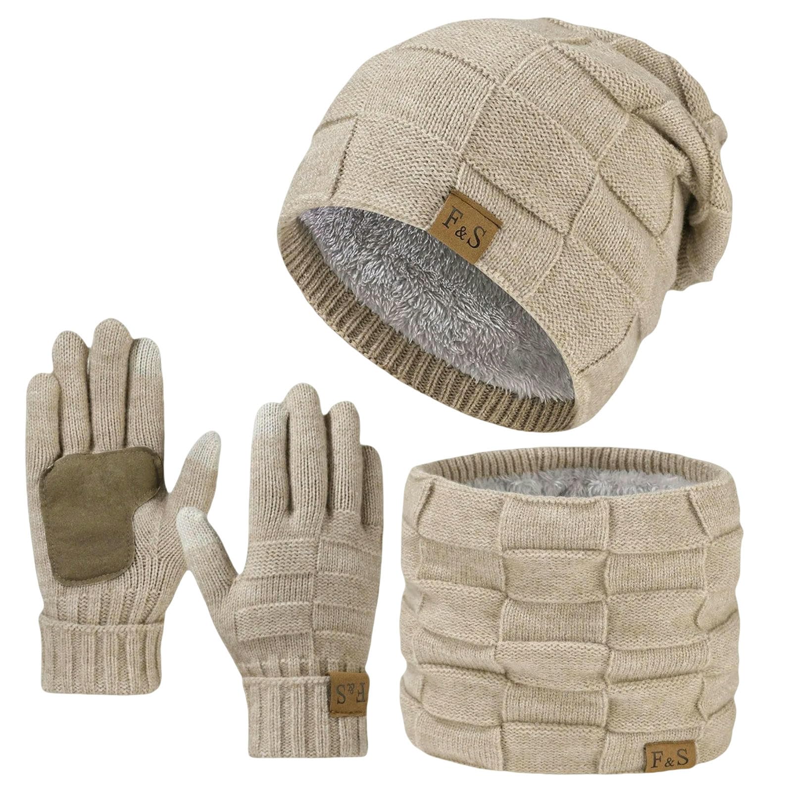 Mütze,Schal & Handschuh-Sets Warmes Set Aus Mütze, Schal Und Handschuhen Für Den Winter, Mit Thermo-Fleece Gefütterte Slouchy-Beanie-halstücher Herren, Handschuhe, 3-in-1-warmset-beige