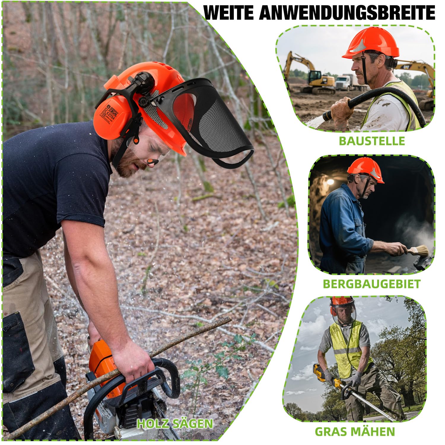 GREEN DEVIL 2910VR Casque de protection pour tronçonneuse EN397 Casque de sécurité double protection des yeux 4 en 1 résistant aux chocs Casque de travail confortable