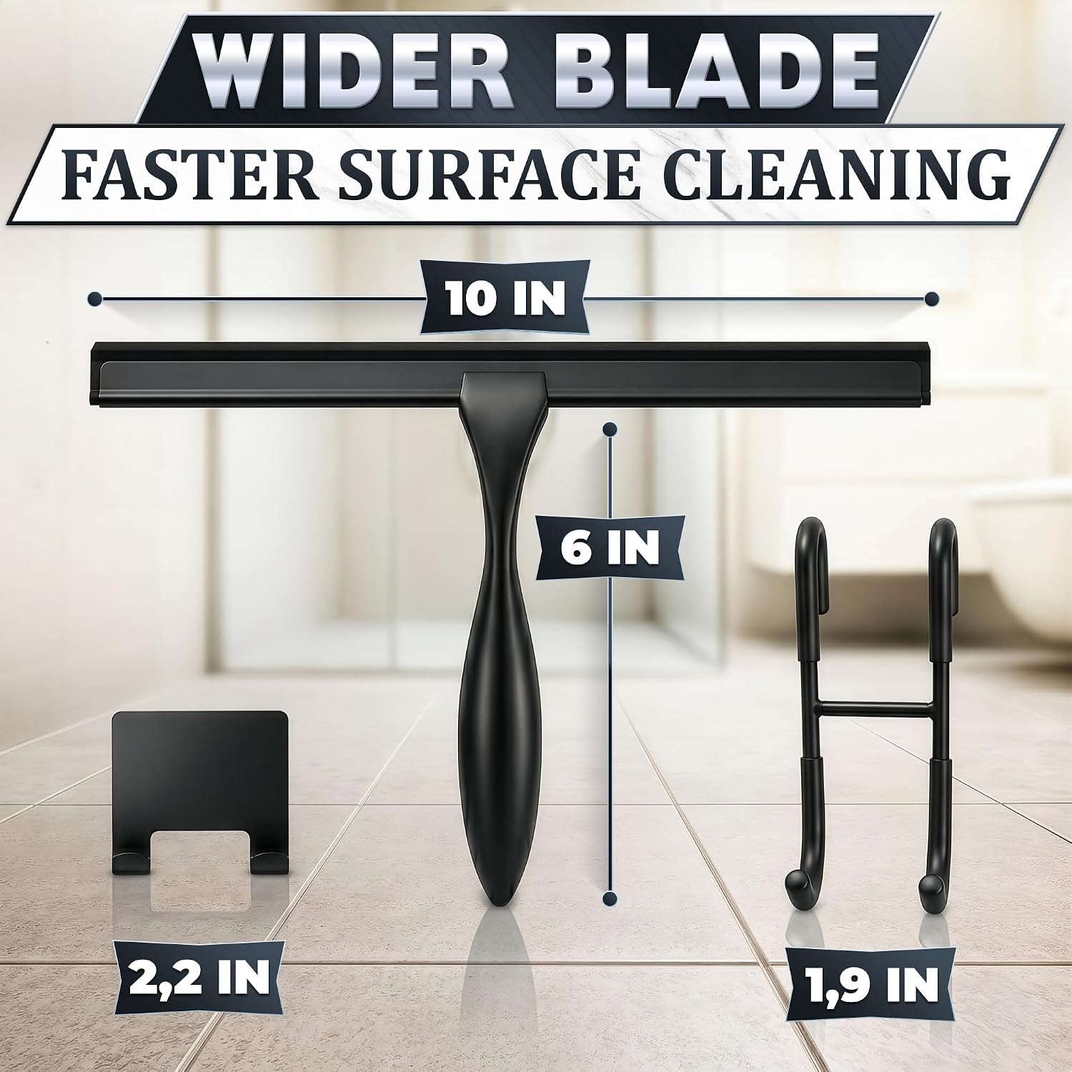Black Squeegee for Shower Glass, 10" Silicone Blade, Stainless Steel image 2