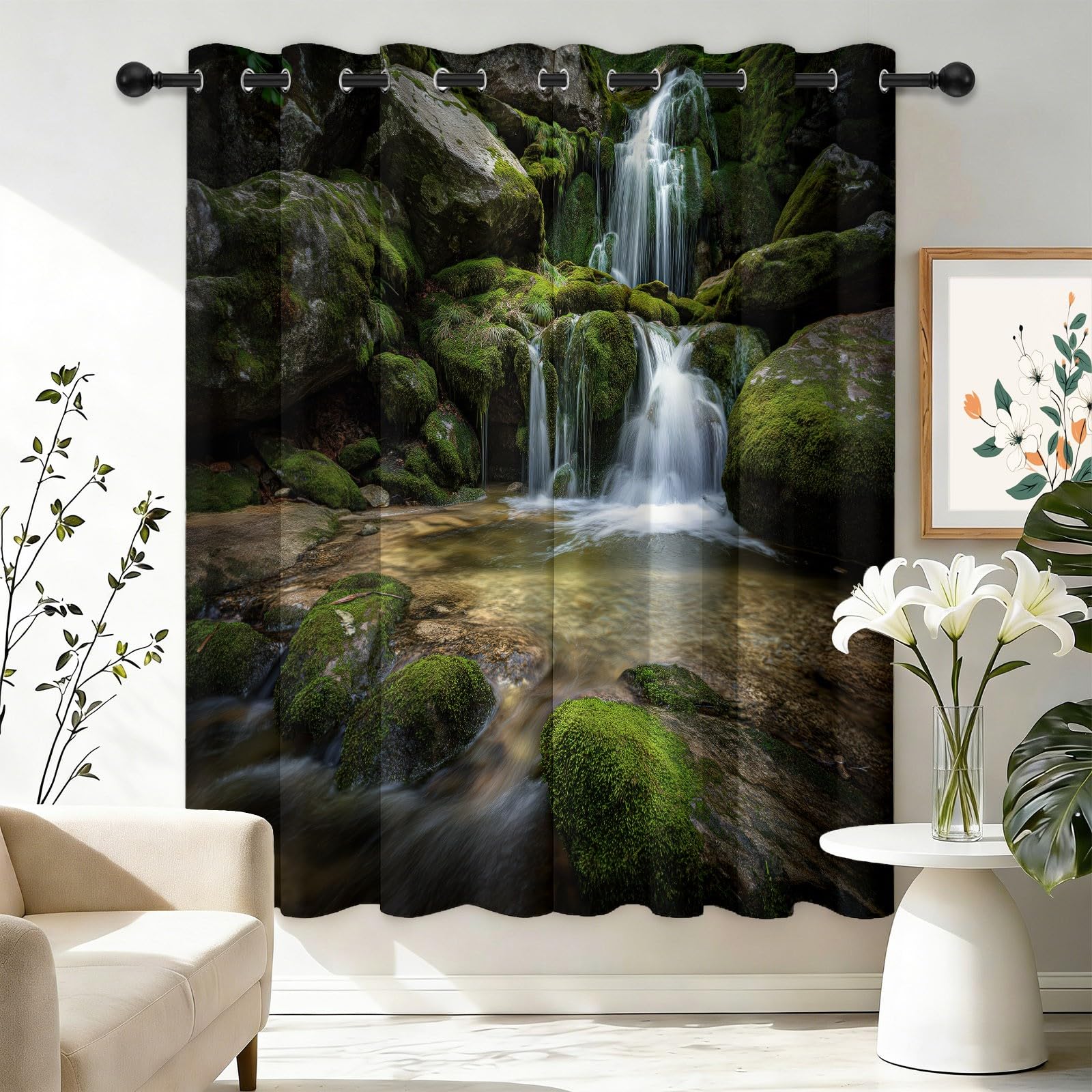 Kräuselband Gardinen Grün Blickdicht 2er Set H183×B117 cm, Natur Wald Moos Wasserfall Verdunklungsgardine mit ösen, Thermovorhang Hitzeschutz Vorhänge für Wohnzimmer & Schlafzimmer