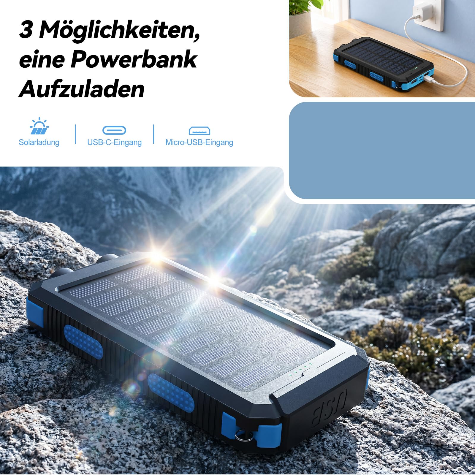 Vikeri Solar Powerbank 26800mAh, Powerbank Solar Wasserdichtes USB C Externer Akku mit 4 Outputs, Power Bank für Smartphones, Tablets und mehr (Blau)