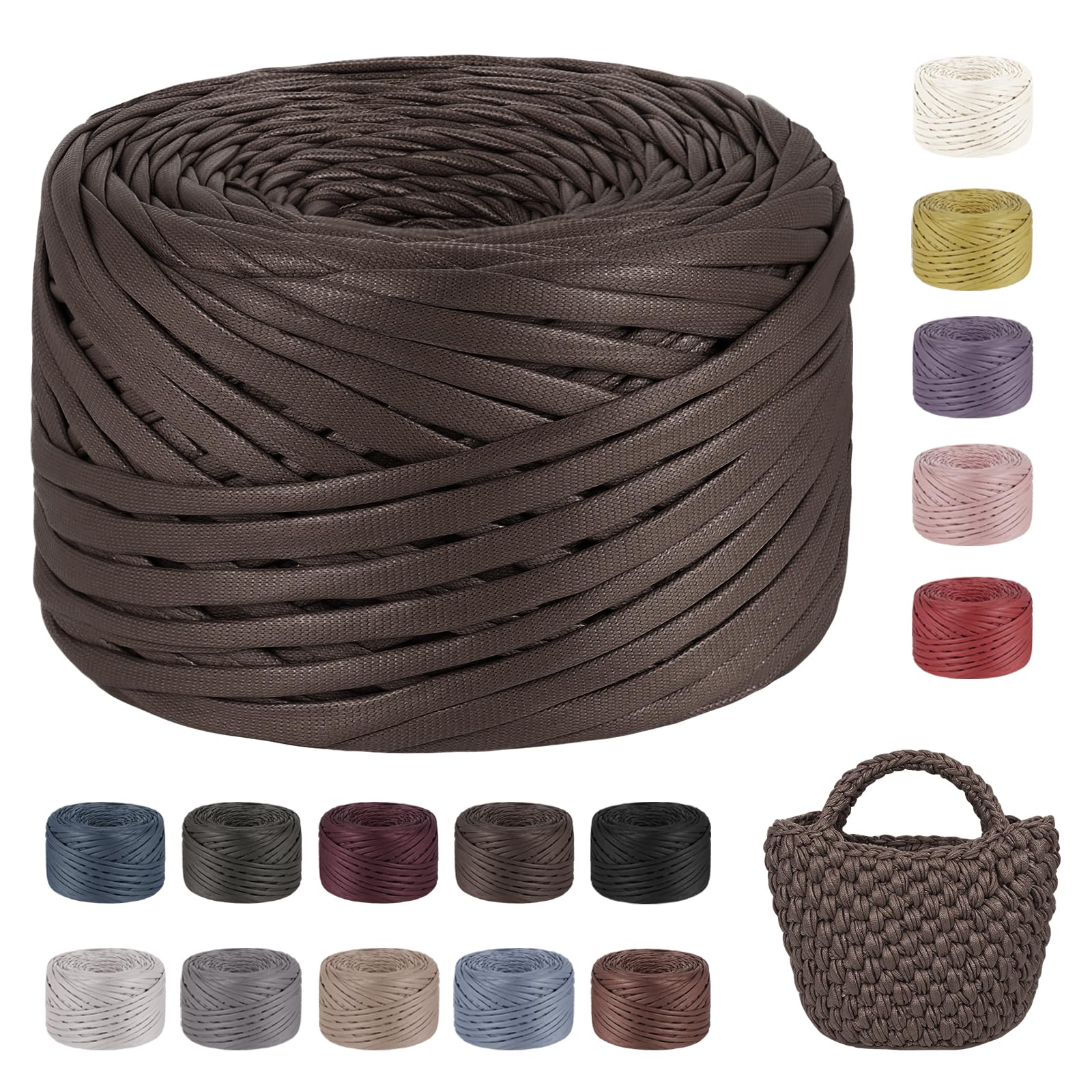 LEREATI Tshirt Yarn for Crocheting 200g/90m Single-Side Faux Leather Looking Fabric, Soft Polyester Cloth Ribbon T Shirt Yarn for Crocheting Baskets Bags Rugs Home Decor DIY Crafts (Chocolate)