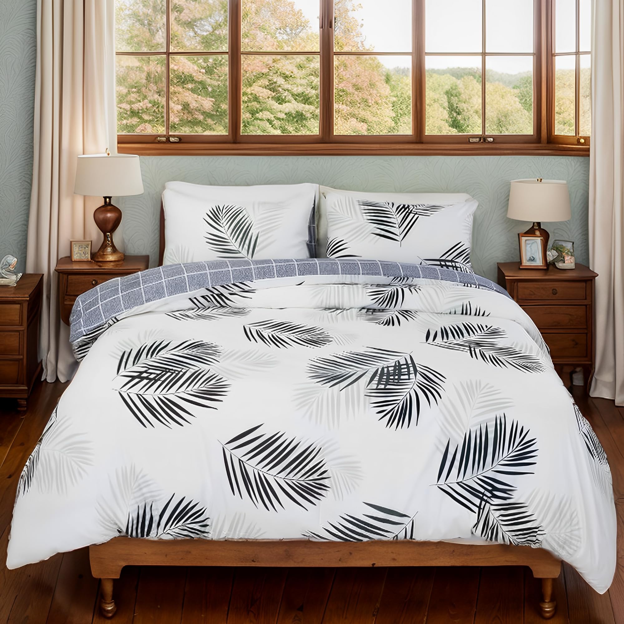 Usfivefam Floral Duvet Cover Set King,White Floral Printed Duvet Cover Tropical Bedding Botanical Leaves Pattern Comforter Cover, 3Pcs Reversible Checkered Comforter Cover, 104"*90"