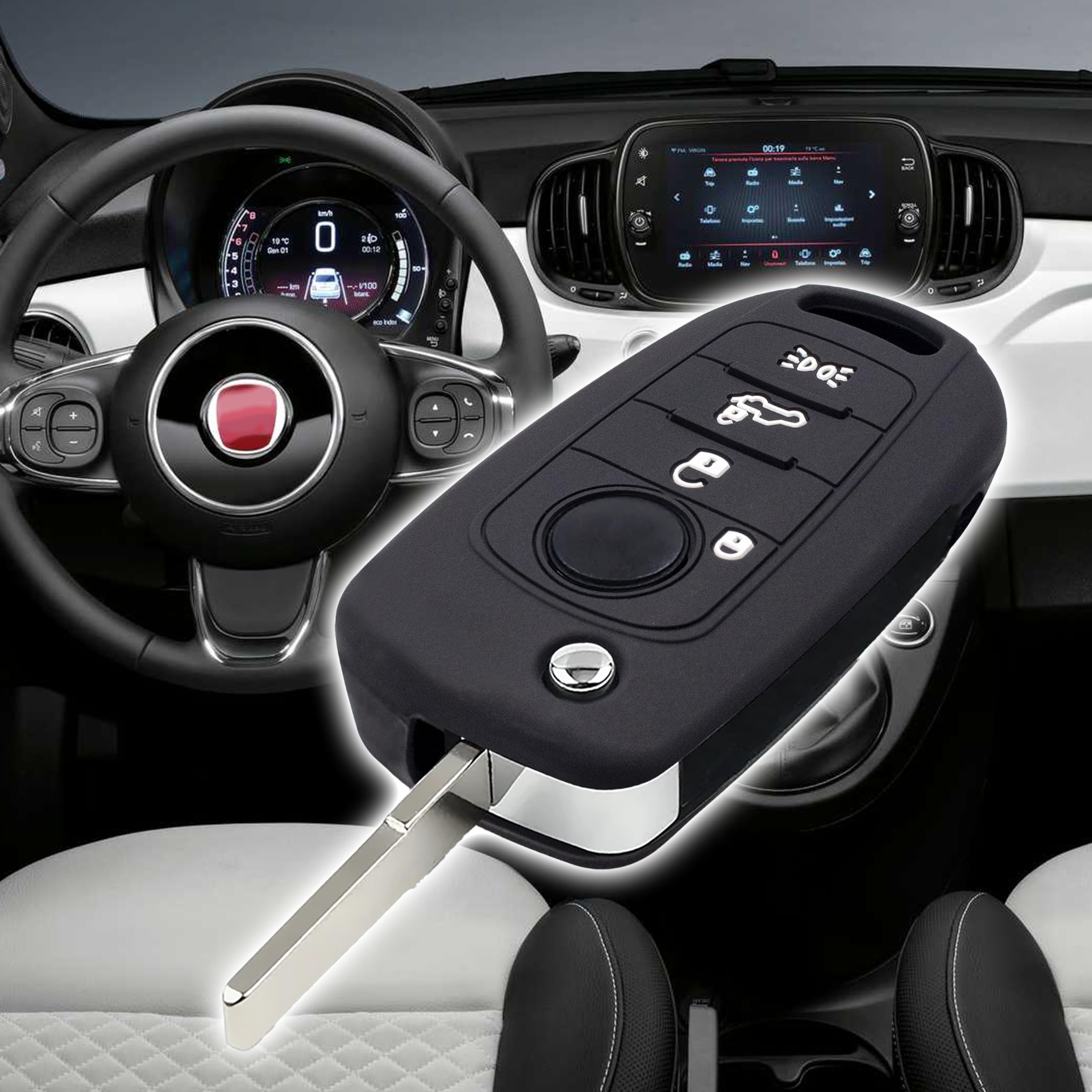 Silicone Cover Chiave per Telecomando Auto Fiat 500X 4 Tasti NERO