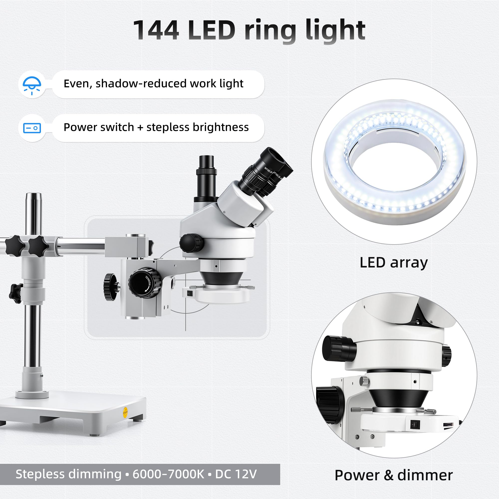SWIFT microscopio estereoscópico Zoom trinocular 3,5-90x, Anillo 144 LED, Soporte Boom, Adaptador 23,2 mm, inspección & reparación - S7-TS520-EA10-144