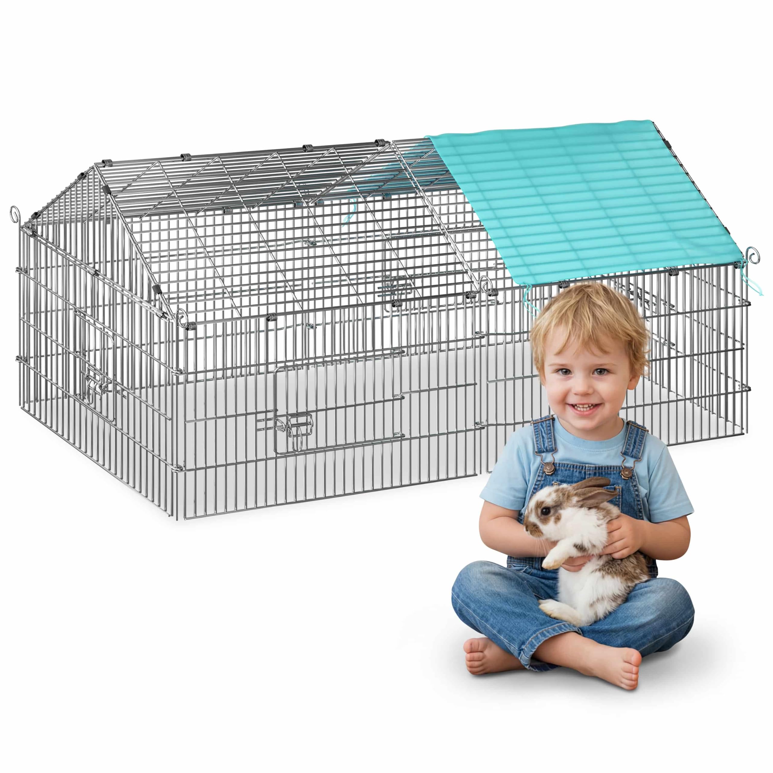 Metal Rabbit Run 180x75x75cm - Outdoor & Indoor Small Animal Enclosure with Sun Protection Roof & Lockable Doors - Rabbit Hutch Run, Guinea Pig Run, Tortoise Enclosure, Pet Play Pen Fence Cage Pens