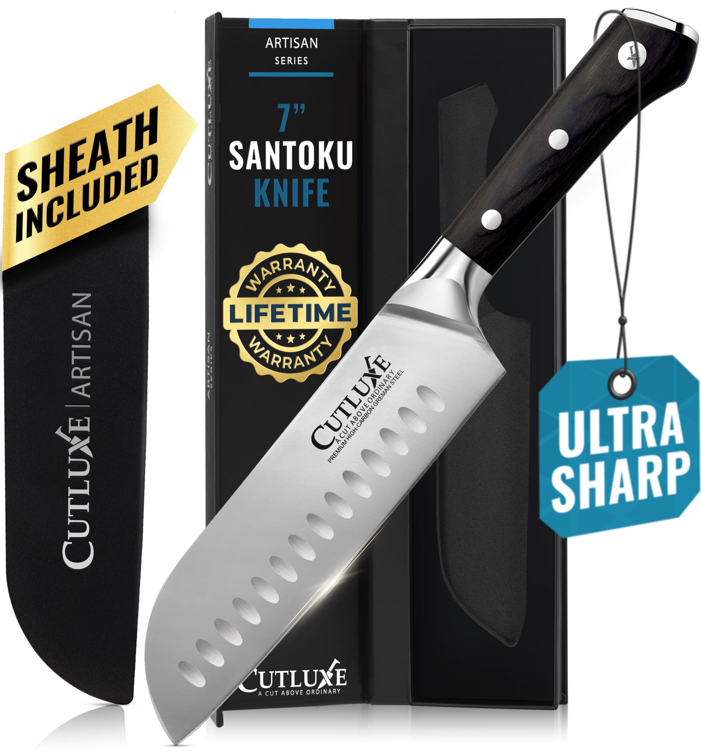 Santoku Knife – 7" Chopping Knife, Meat and Vegetable Knife – Forged High Carbon German Steel – Sheath Included – Full Tang & Razor Sharp – Ergonomic Handle Design – Artisan Series