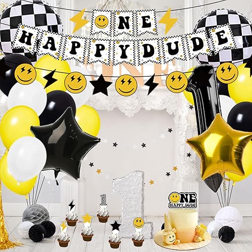 Miniatura 5 de Whaline 48 globos a cuadros con globos de número uno, guirnalda de globos de número uno, decoración de pasteles para cara sonriente, suministros de