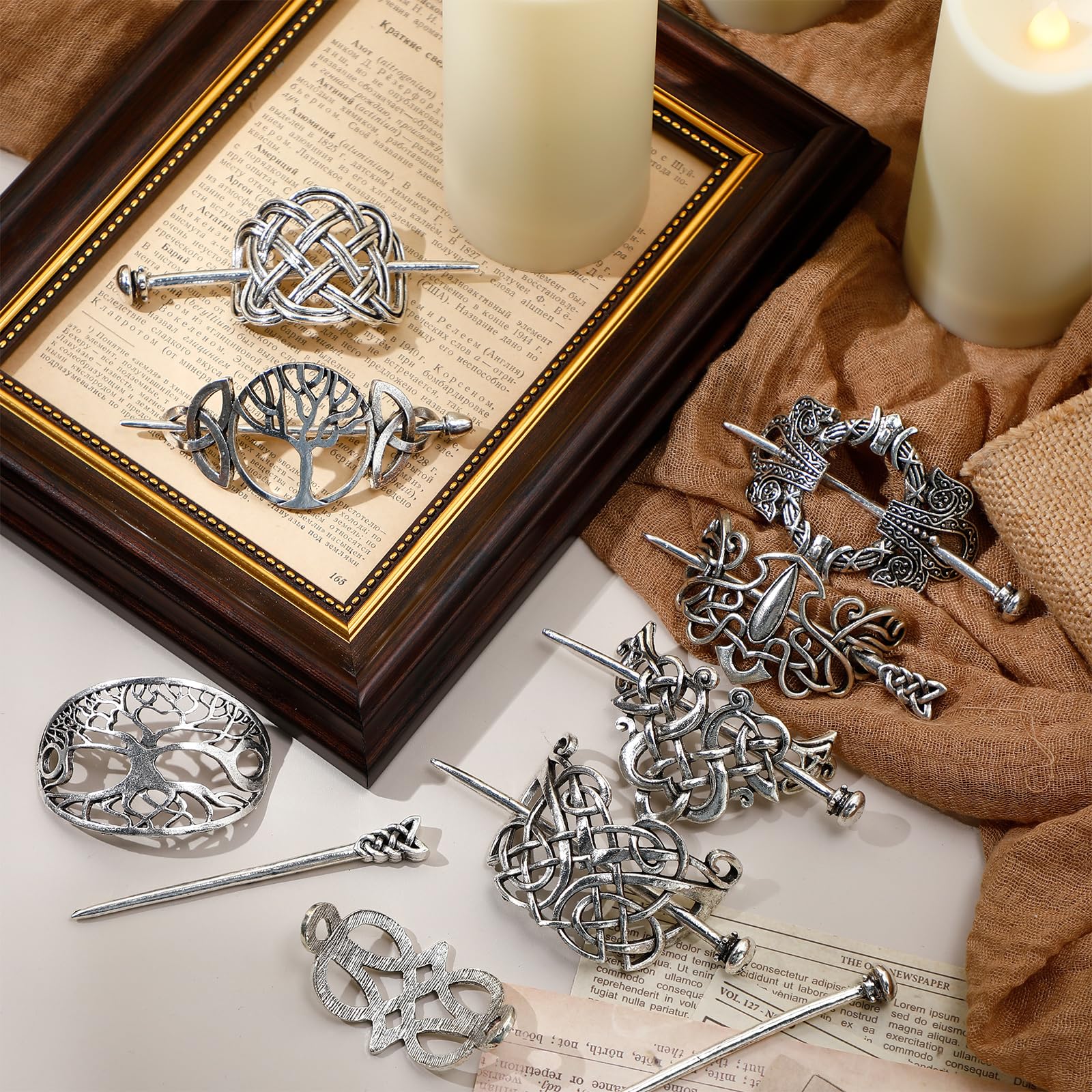Syhood 8 Pcs Viking Celtic Hair Clips Vintage Knot Hair Stick Retro Silver Metal Celtic Barrette Hairpins Viking Jewelry Accessories for Women (Classic)