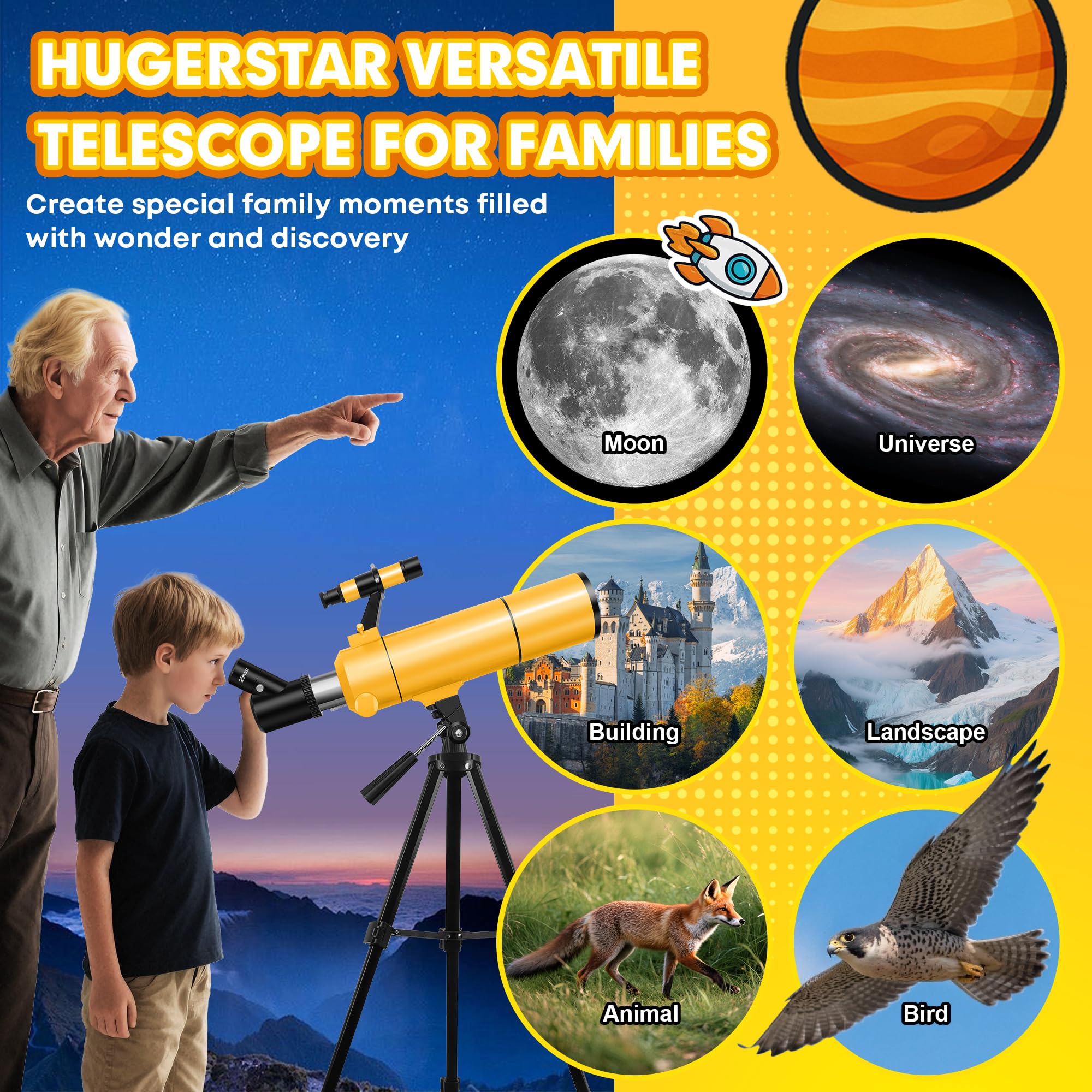 Télescope Astronomique Professionnel pour Adultes & Enfants Débutants, 80/500mm Télescope Réfracteur Portable avec Trépied Réglable, Adaptateur Téléphone, Sac à Dos & Autocollants Spatiaux
