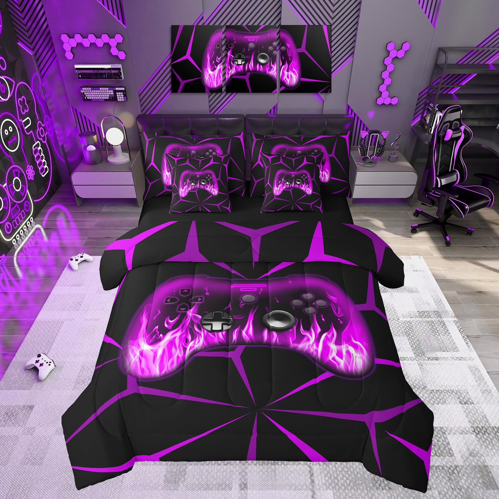 Feelyou Kids Boys Gamer Comforter Set with Sheets,3D Gaming 7 Piece Bedding Set King Size,Teens Boys Bedroom Room Decor,Purple and Black Video Game