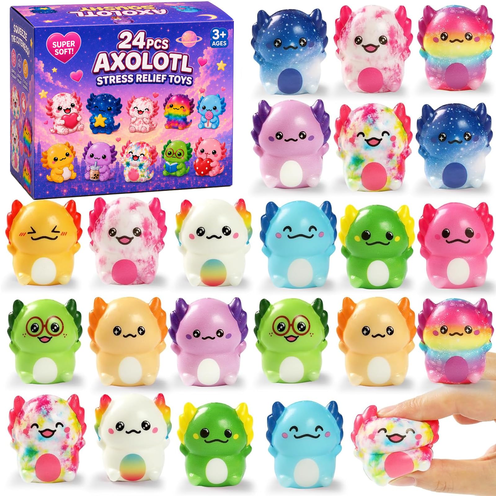 24PCS Axolotl Squishy Toy,Axolotl Stress Relief Fidget Toy,Slow Rising Squishy Stress Fidget Toys,Axolotl Squishies Party Favors